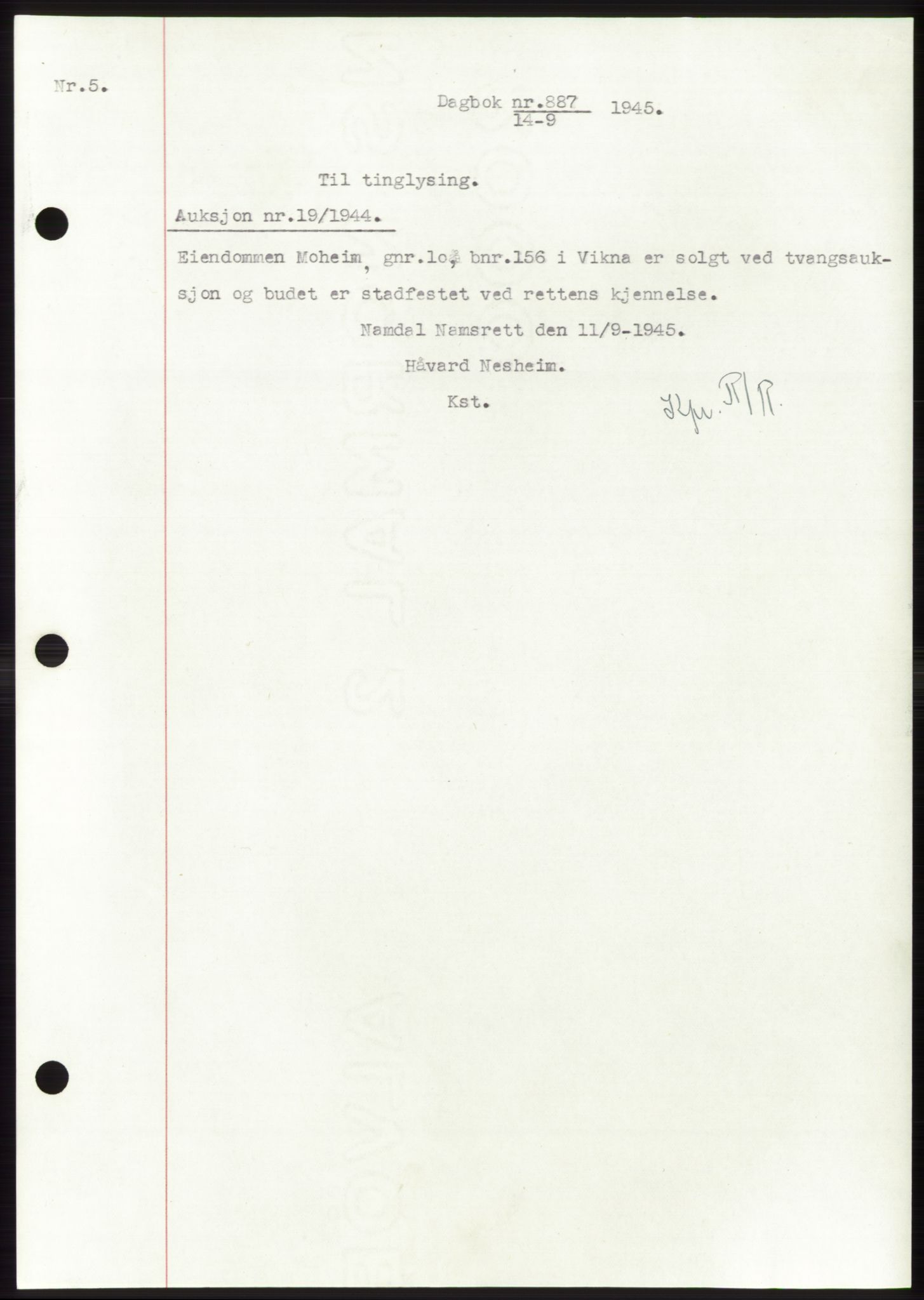 Namdal sorenskriveri, SAT/A-4133/1/2/2C: Pantebok nr. -, 1944-1945, Dagboknr: 887/1945