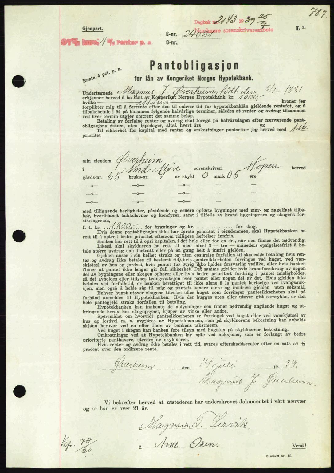 Nordmøre sorenskriveri, SAT/A-4132/1/2/2Ca: Pantebok nr. B85, 1939-1939, Dagboknr: 2143/1939