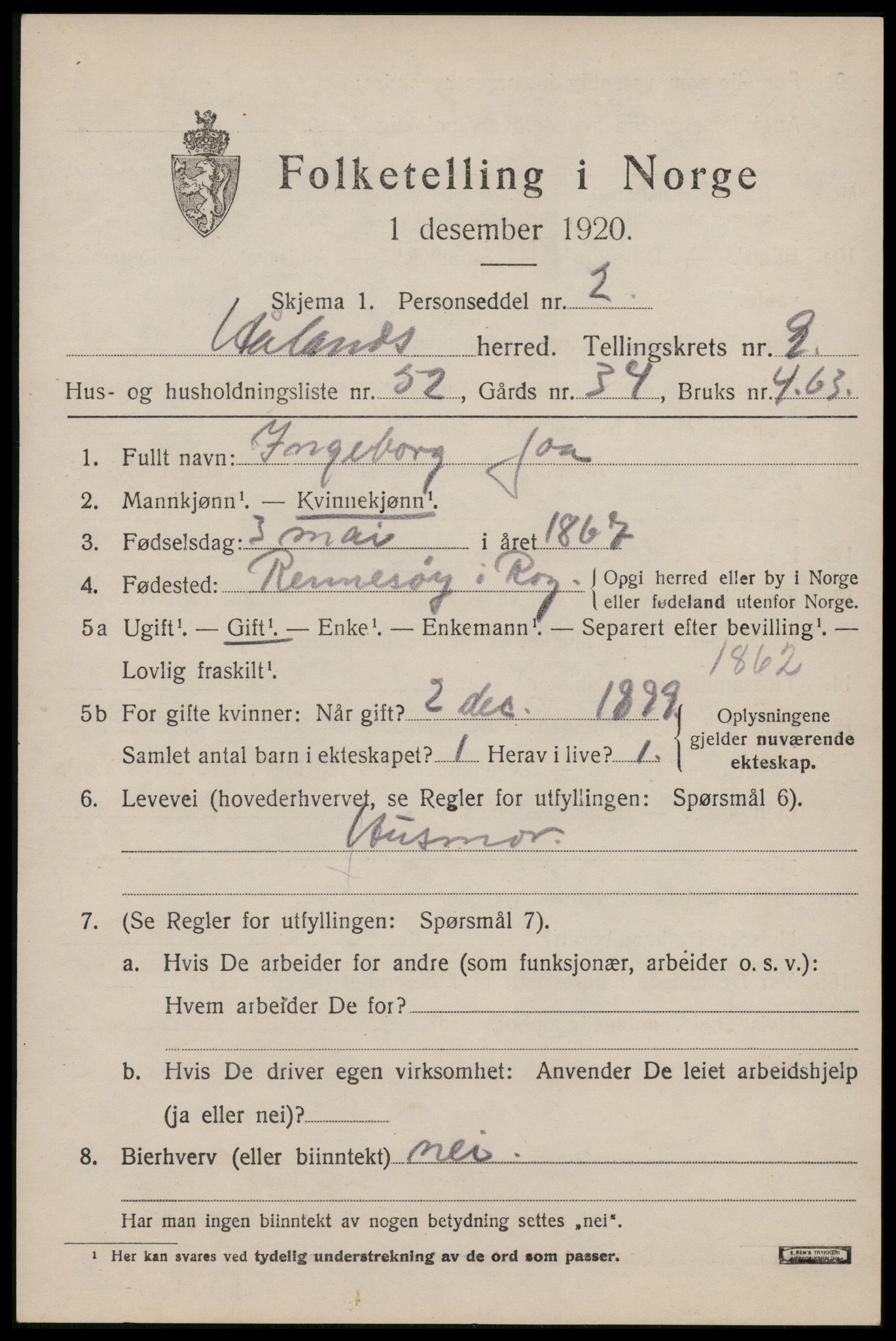 SAST, Folketelling 1920 for 1124 Håland herred, 1920, s. 7495