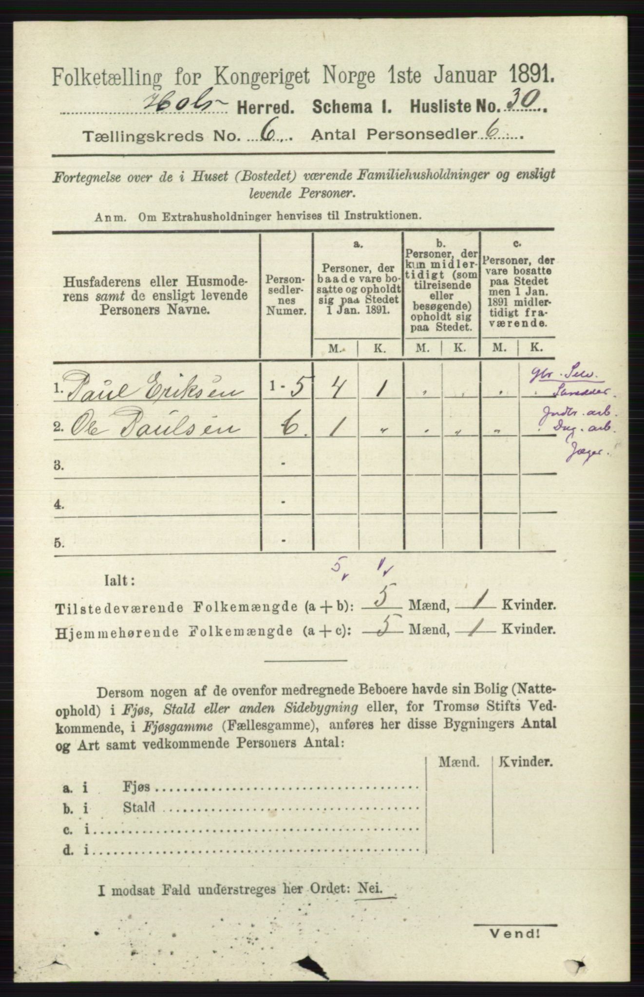 RA, Folketelling 1891 for 0620 Hol herred, 1891, s. 1741