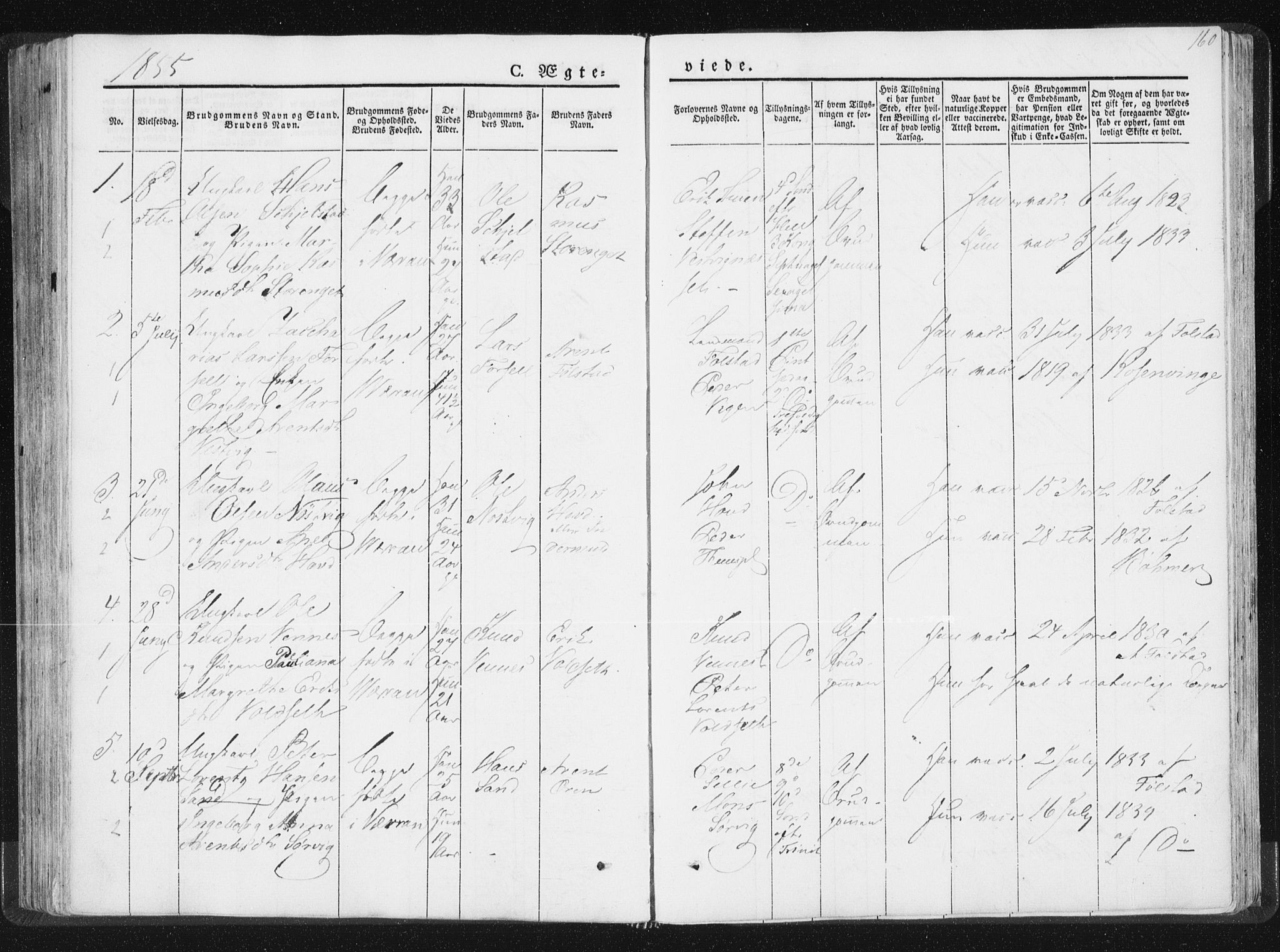 Ministerialprotokoller, klokkerbøker og fødselsregistre - Nord-Trøndelag, SAT/A-1458/744/L0418: Ministerialbok nr. 744A02, 1843-1866, s. 160