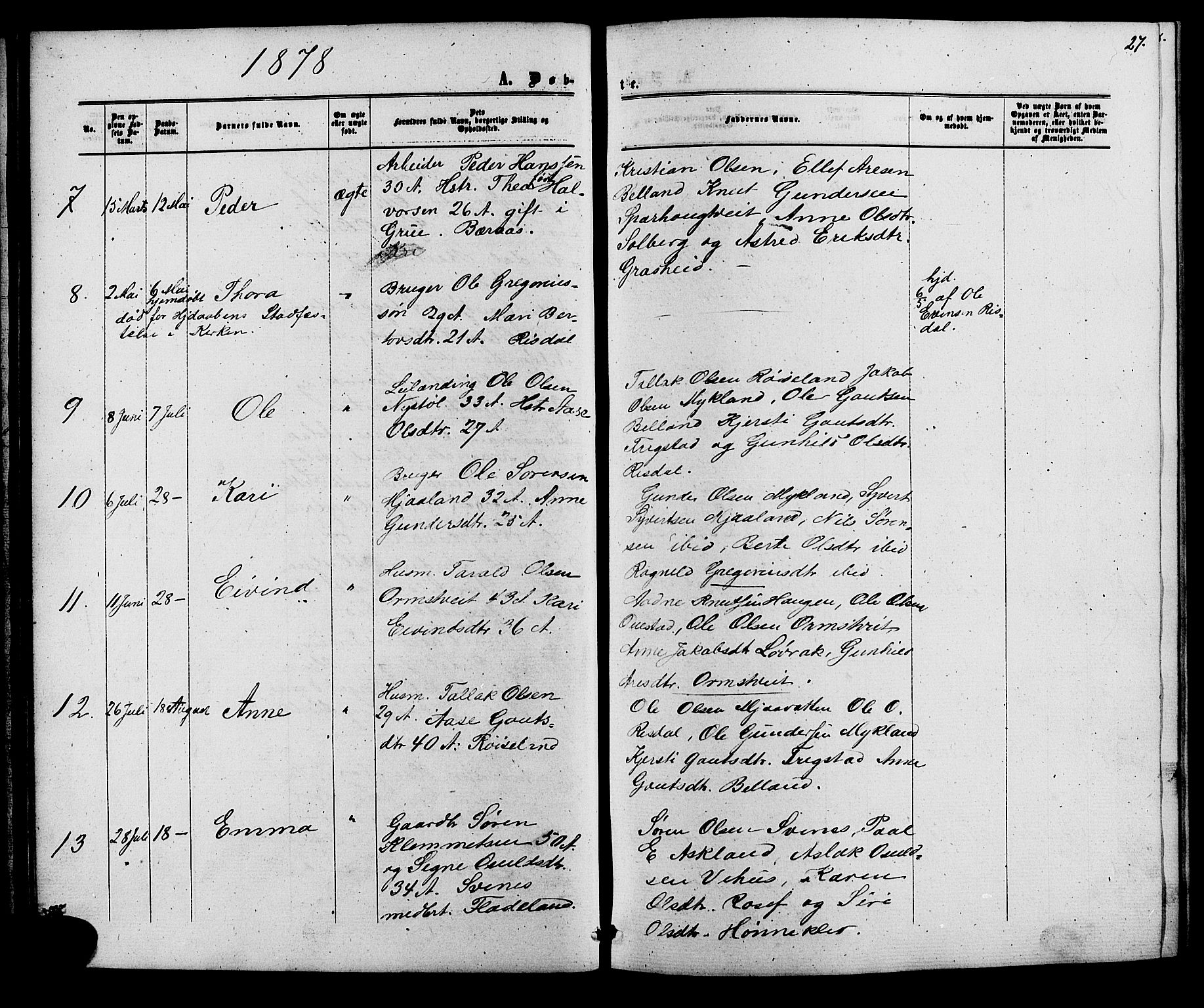 Herefoss sokneprestkontor, AV/SAK-1111-0019/F/Fb/Fbc/L0002: Klokkerbok nr. B 2, 1867-1886, s. 27