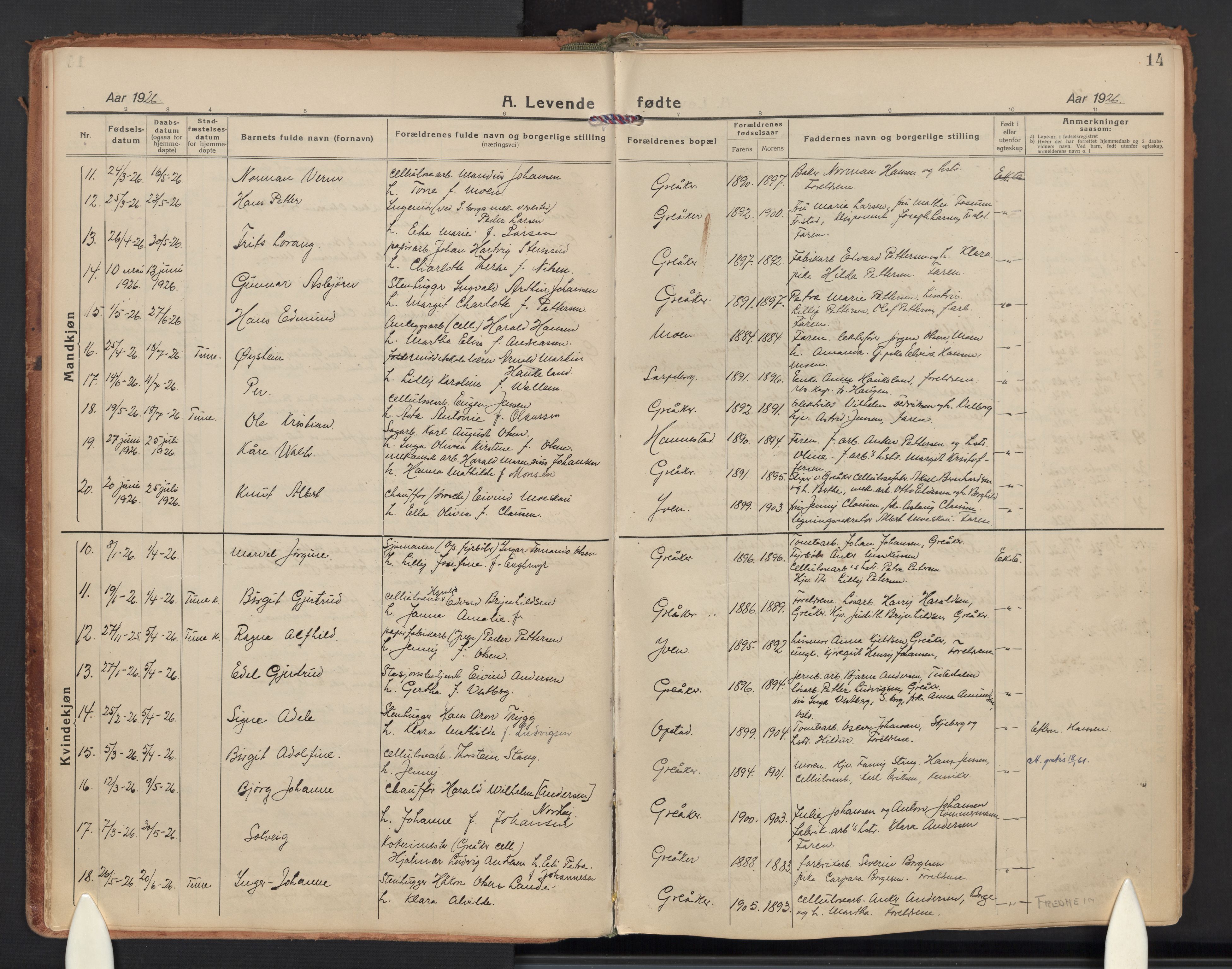 Tune prestekontor Kirkebøker, AV/SAO-A-2007/F/Fb/L0002: Residerende kapellans bok nr. 2, 1923-1940, s. 14