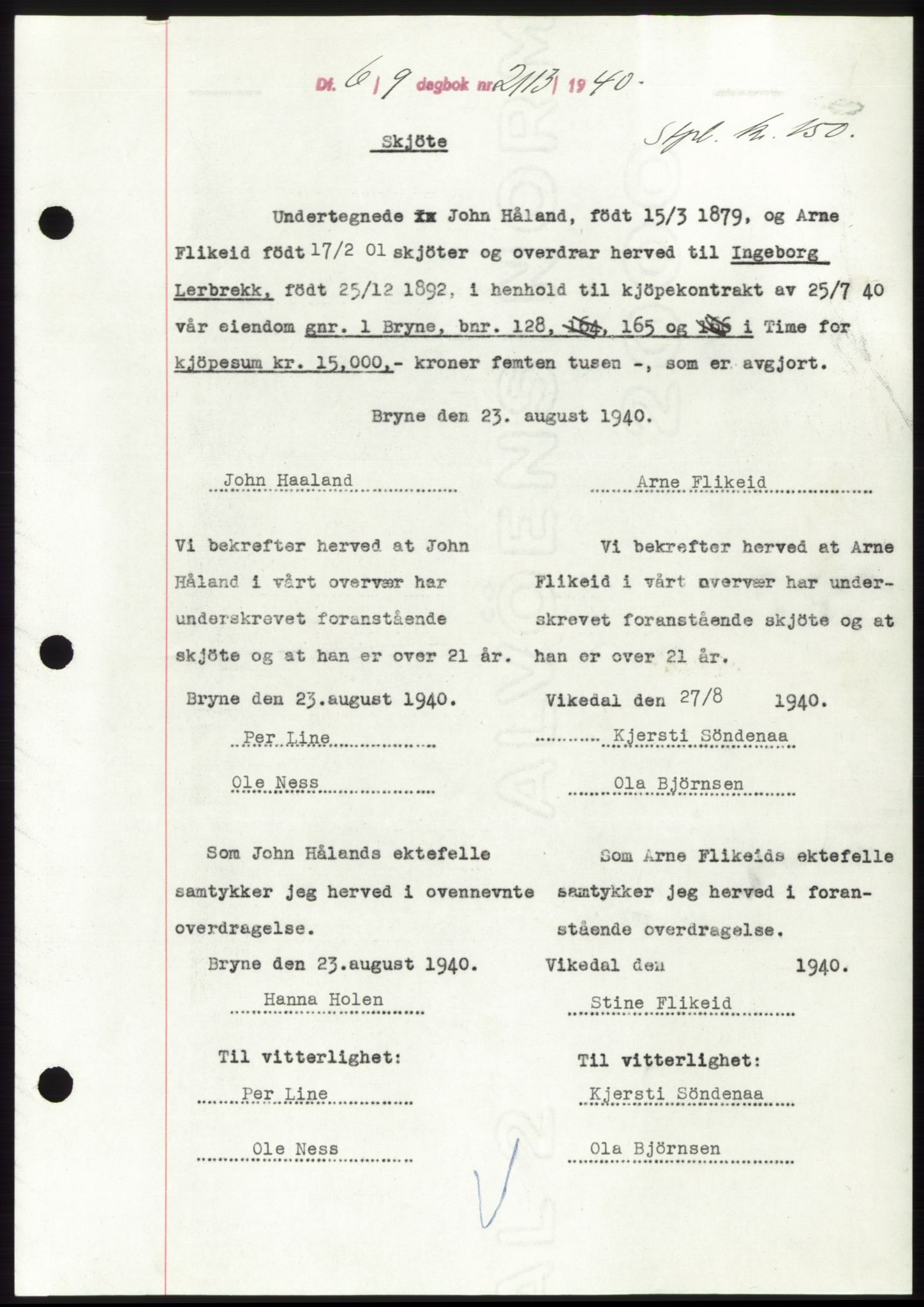 Jæren sorenskriveri, SAST/A-100310/03/G/Gba/L0078: Pantebok, 1940-1940, Dagboknr: 2113/1940