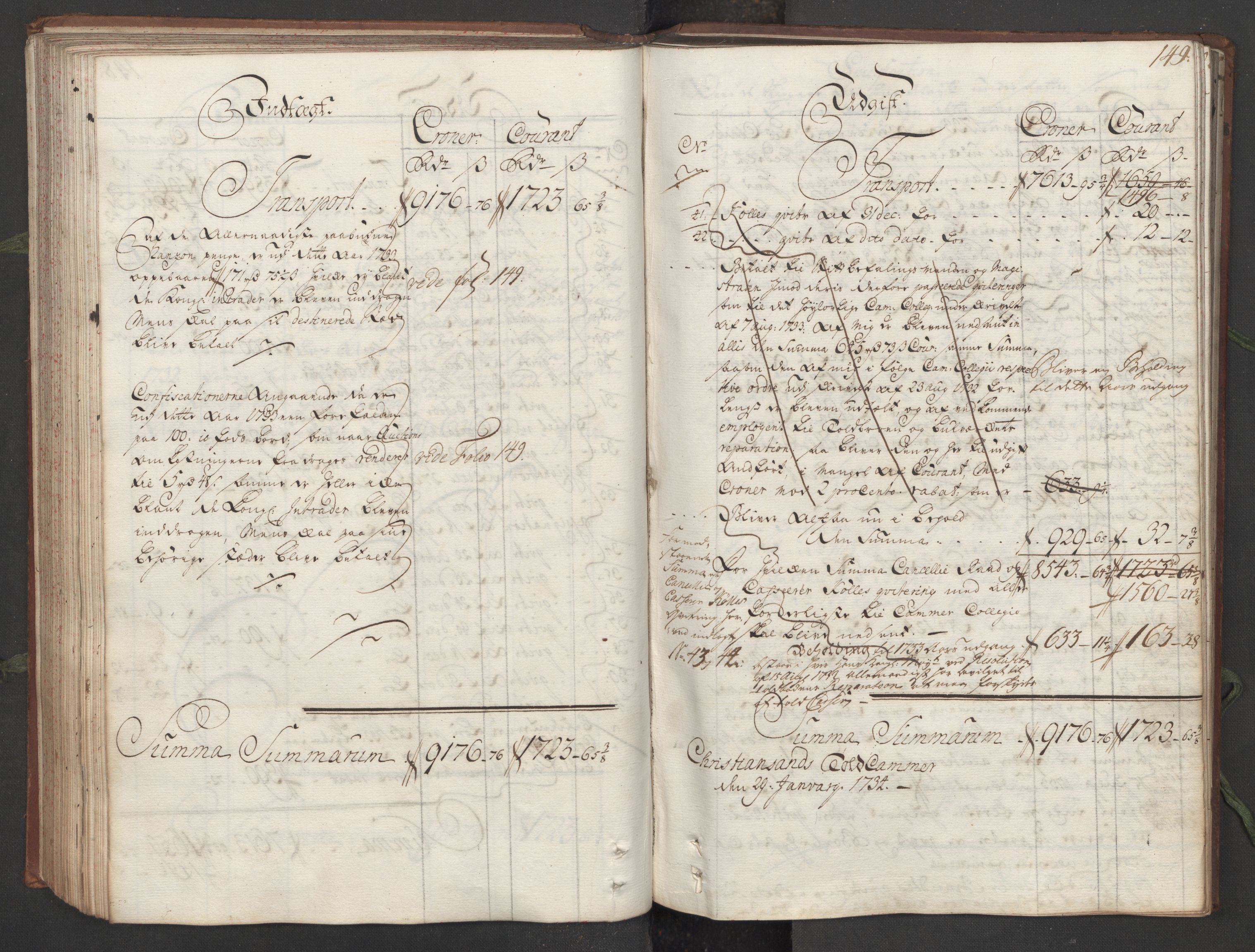 Generaltollkammeret, tollregnskaper, AV/RA-EA-5490/R16/L0013/0001: Tollregnskaper Kristiansand / Hovedtollbok, 1733, s. 148b-149a