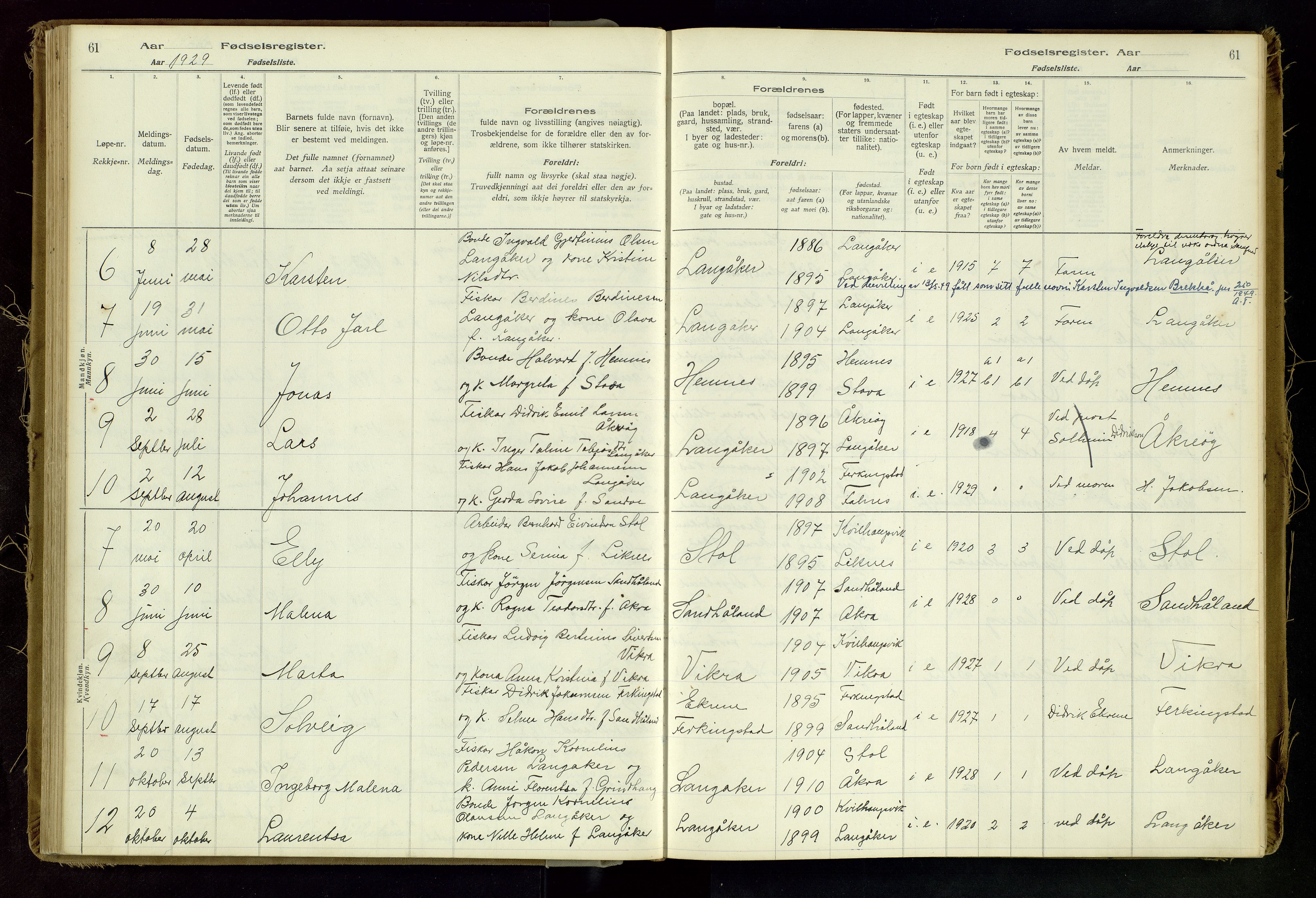 Skudenes sokneprestkontor, SAST/A -101849/I/Id/L0002: Fødselsregister nr. 2, 1916-1962, s. 61