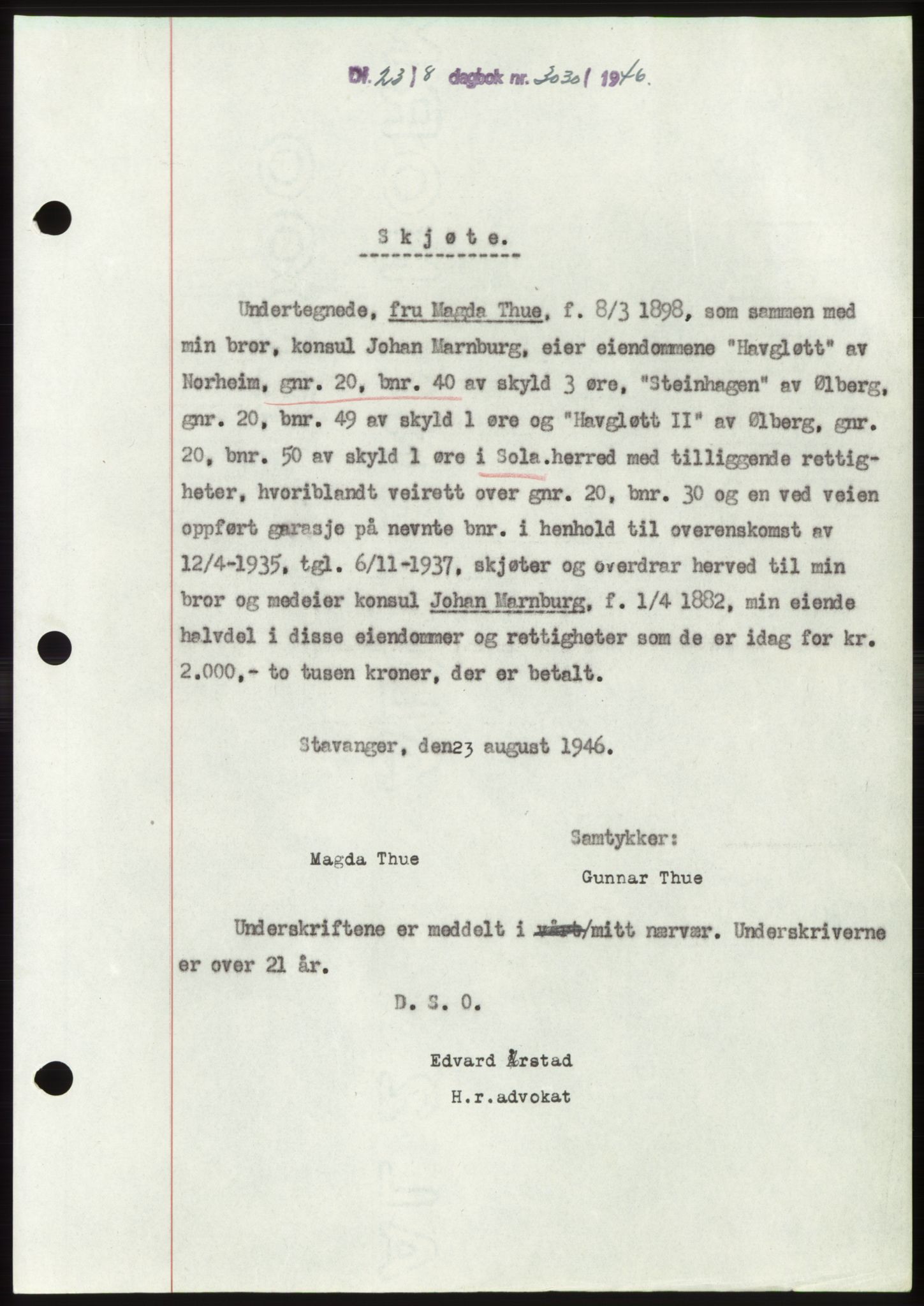 Jæren sorenskriveri, SAST/A-100310/03/G/Gba/L0091: Pantebok, 1946-1946, Dagboknr: 3030/1946