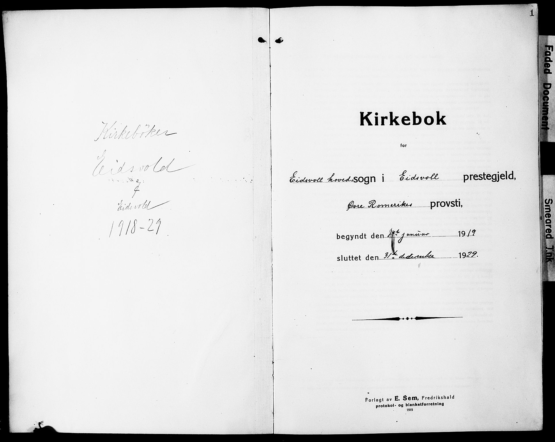 Eidsvoll prestekontor Kirkebøker, SAO/A-10888/G/Ga/L0010: Klokkerbok nr. I 10, 1919-1929, s. 1