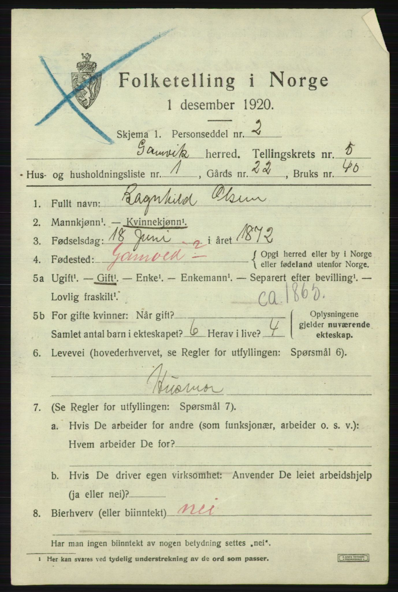 SATØ, Folketelling 1920 for 2023 Gamvik herred, 1920, s. 3552