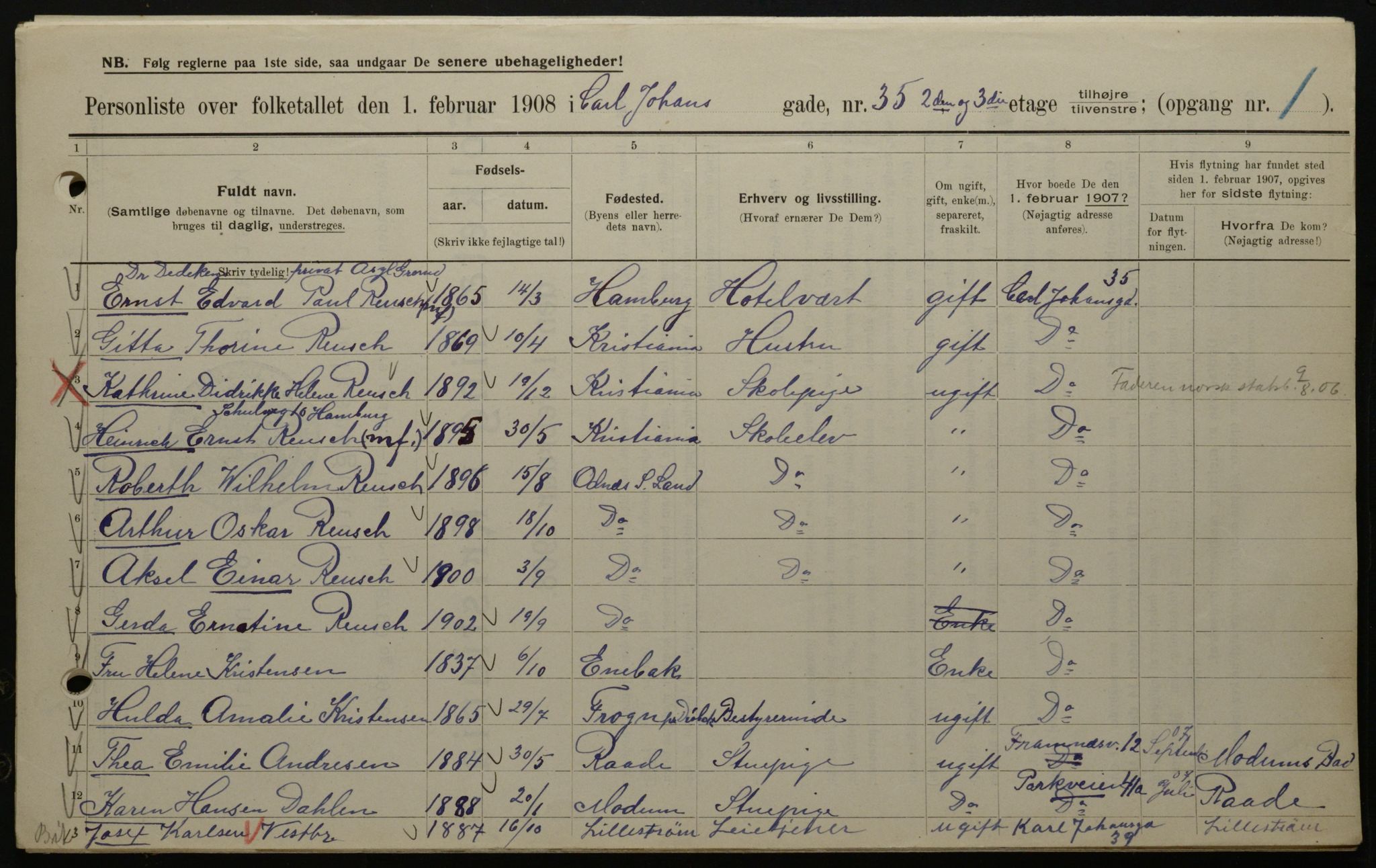 OBA, Kommunal folketelling 1.2.1908 for Kristiania kjøpstad, 1908, s. 43720