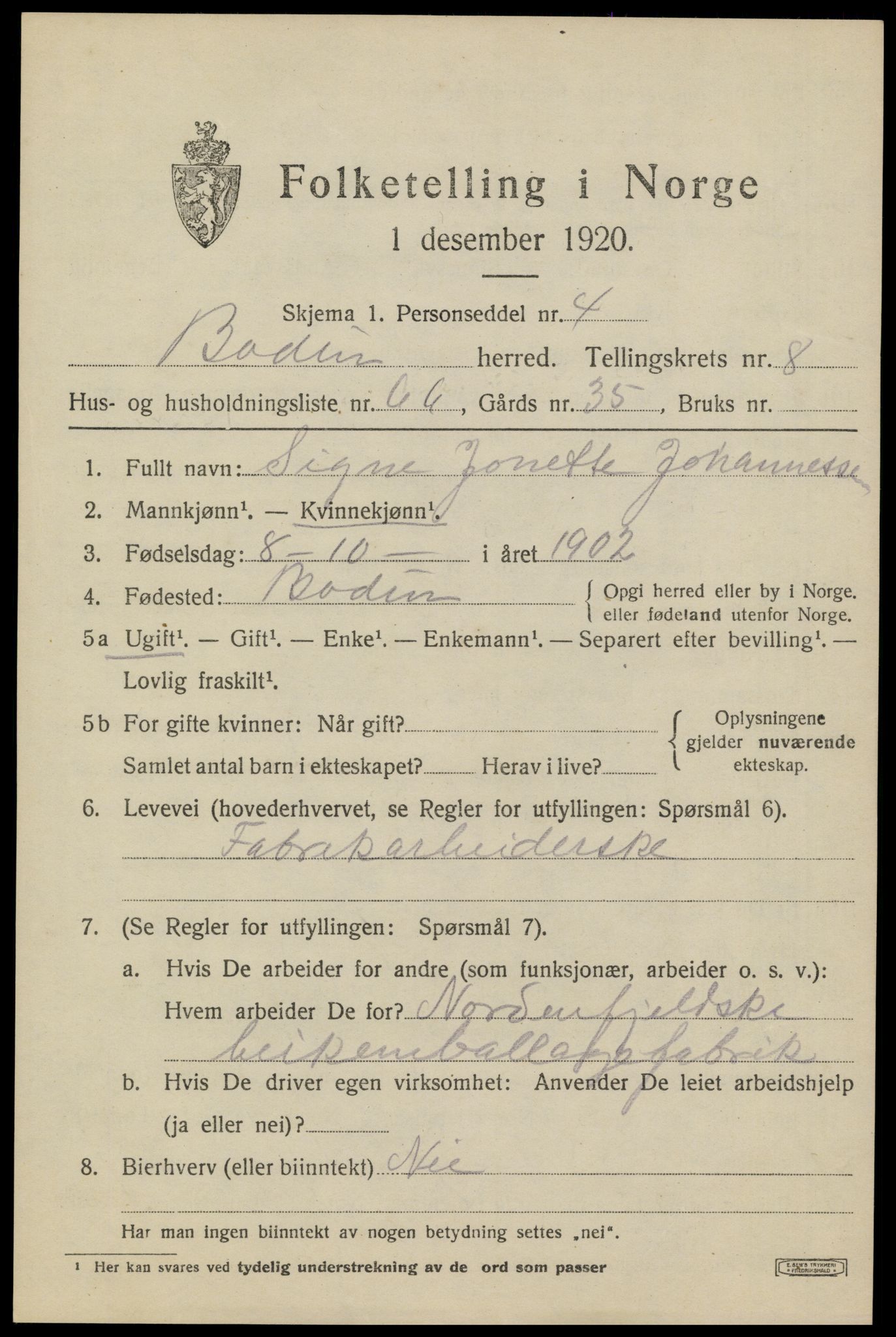 SAT, Folketelling 1920 for 1843 Bodin herred, 1920, s. 6762