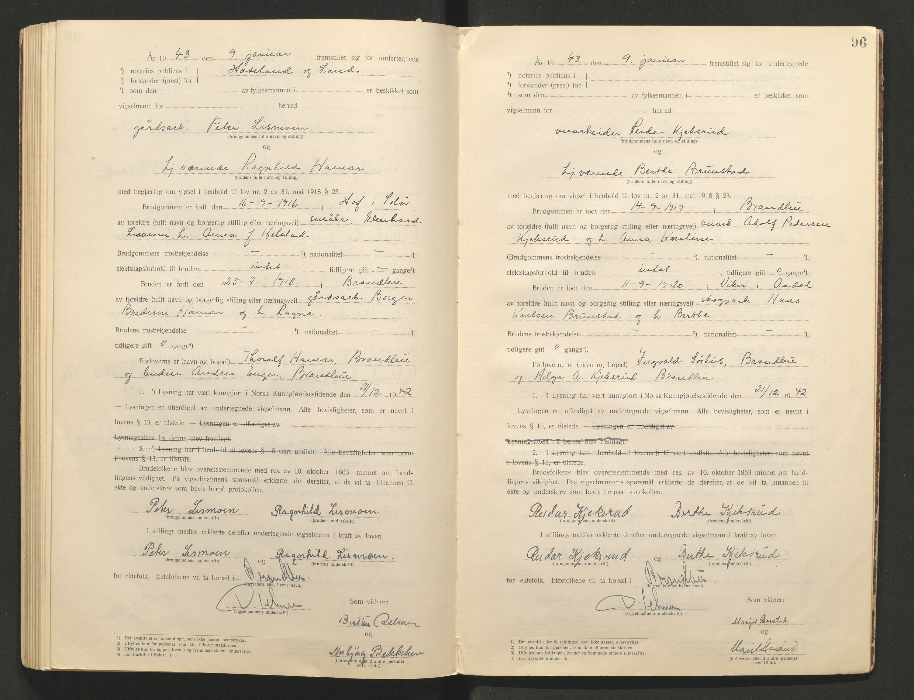 Hadeland og Land tingrett, AV/SAH-TING-010/L/Lb/L0001: Vigselbok, 1920-1943, s. 96