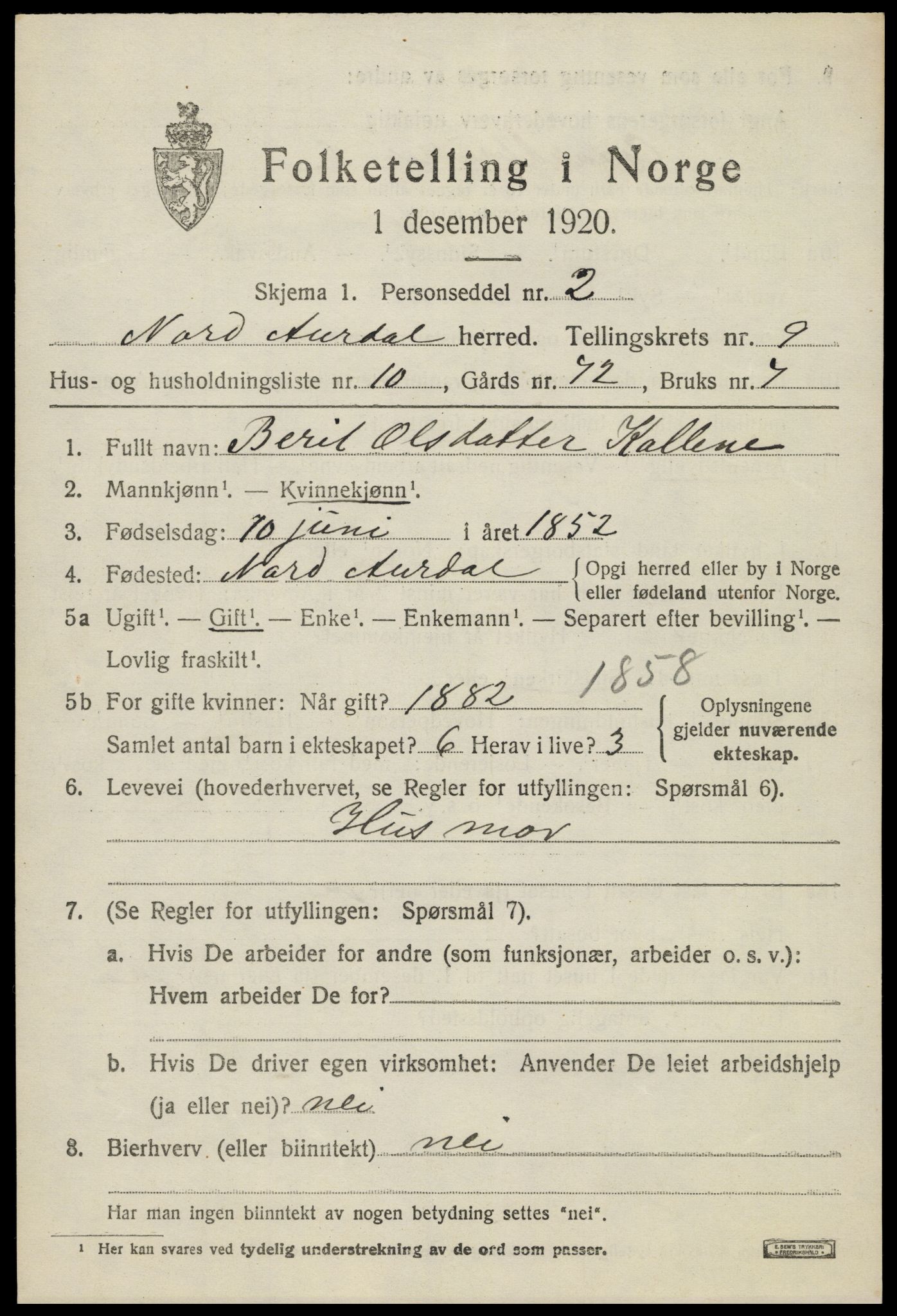 SAH, Folketelling 1920 for 0542 Nord-Aurdal herred, 1920, s. 7614