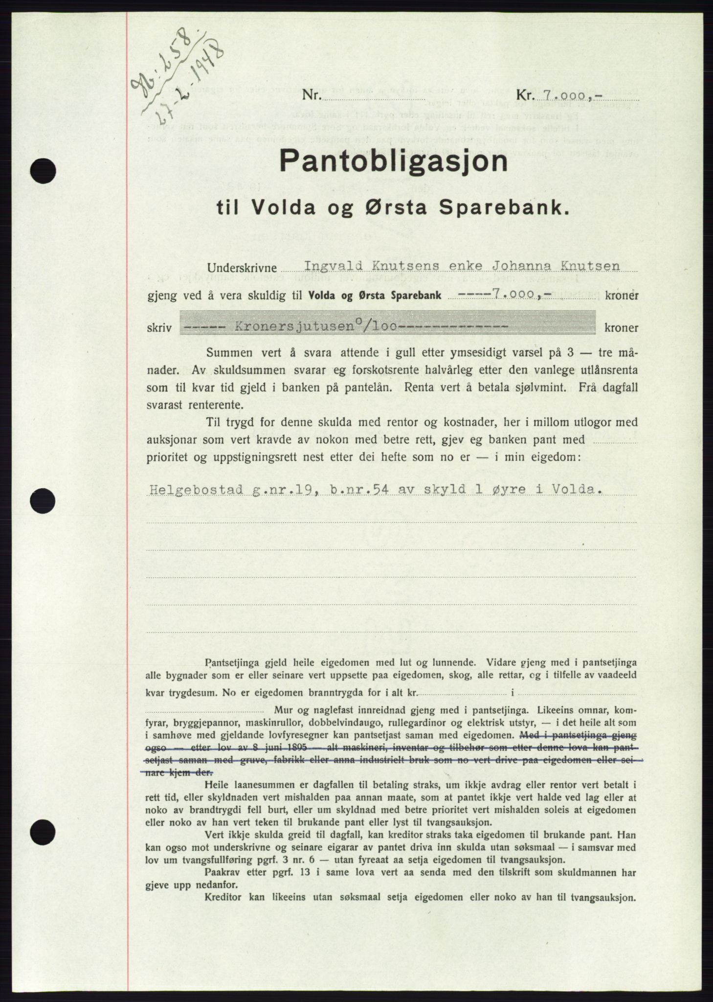 Søre Sunnmøre sorenskriveri, AV/SAT-A-4122/1/2/2C/L0115: Pantebok nr. 3B, 1947-1948, Dagboknr: 258/1948