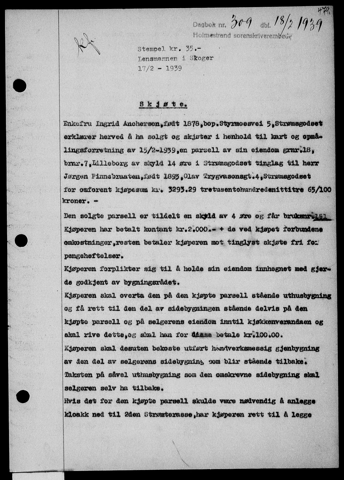 Holmestrand sorenskriveri, SAKO/A-67/G/Ga/Gaa/L0050: Pantebok nr. A-50, 1938-1939, Dagboknr: 309/1939