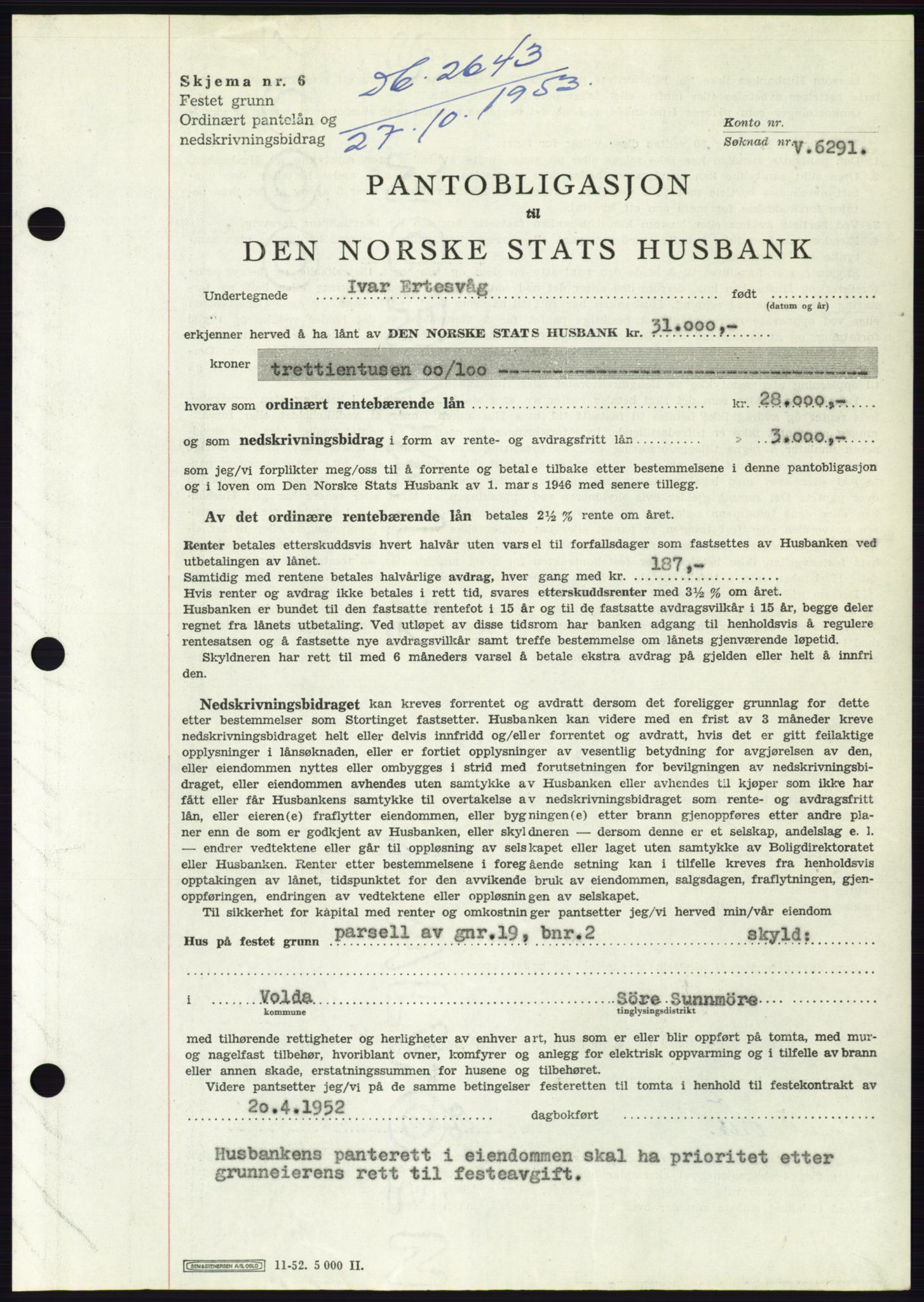 Søre Sunnmøre sorenskriveri, AV/SAT-A-4122/1/2/2C/L0124: Pantebok nr. 12B, 1953-1954, Dagboknr: 2643/1953