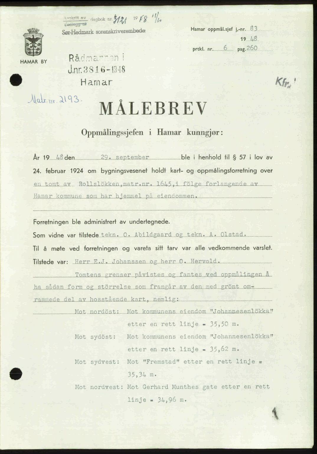 Sør-Hedmark sorenskriveri, SAH/TING-014/H/Hb/Hbd/L0018: Pantebok nr. 18, 1948-1949, Dagboknr: 3121/1948
