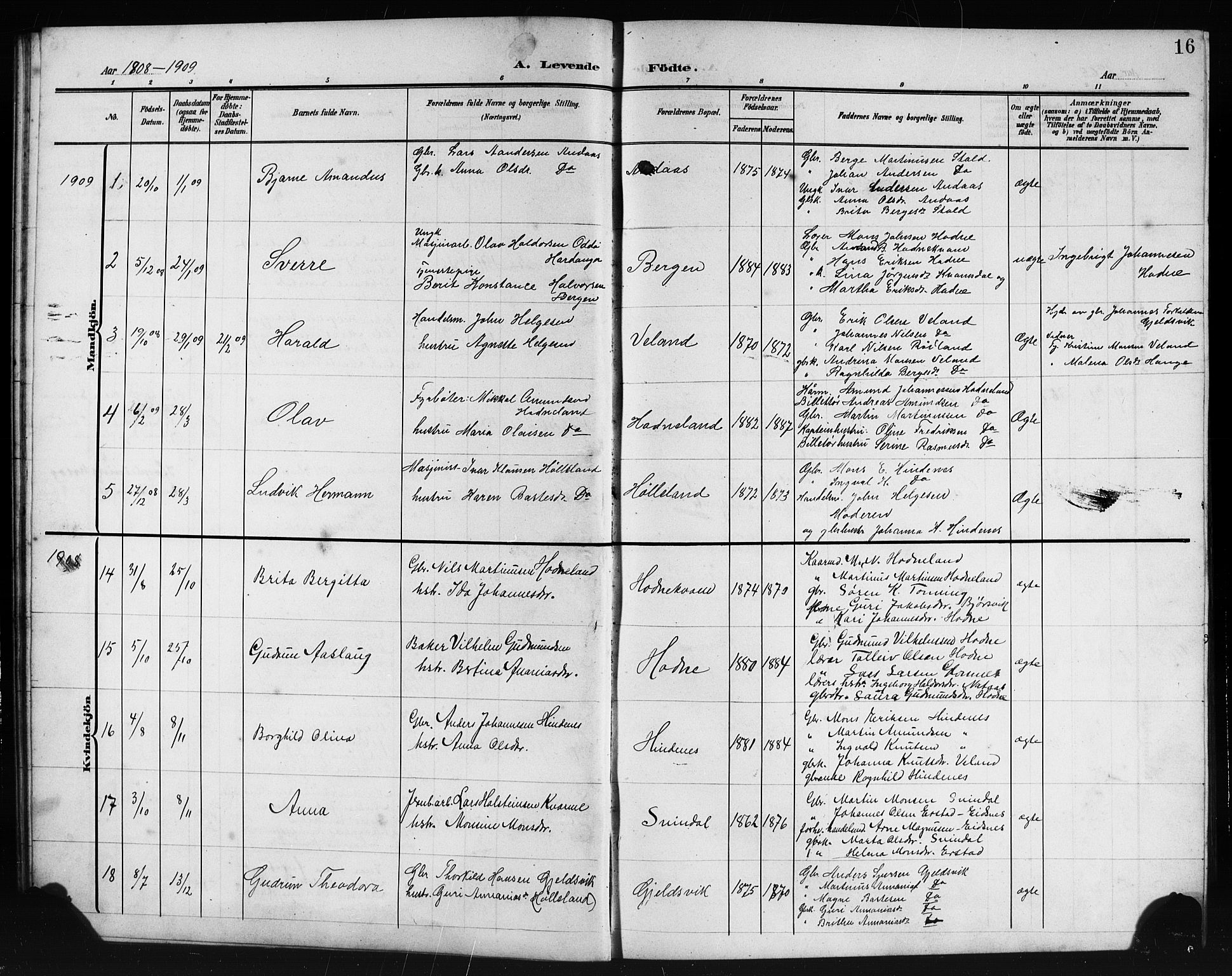 Lindås Sokneprestembete, AV/SAB-A-76701/H/Hab/Habe/L0004: Klokkerbok nr. E 4, 1906-1921, s. 16
