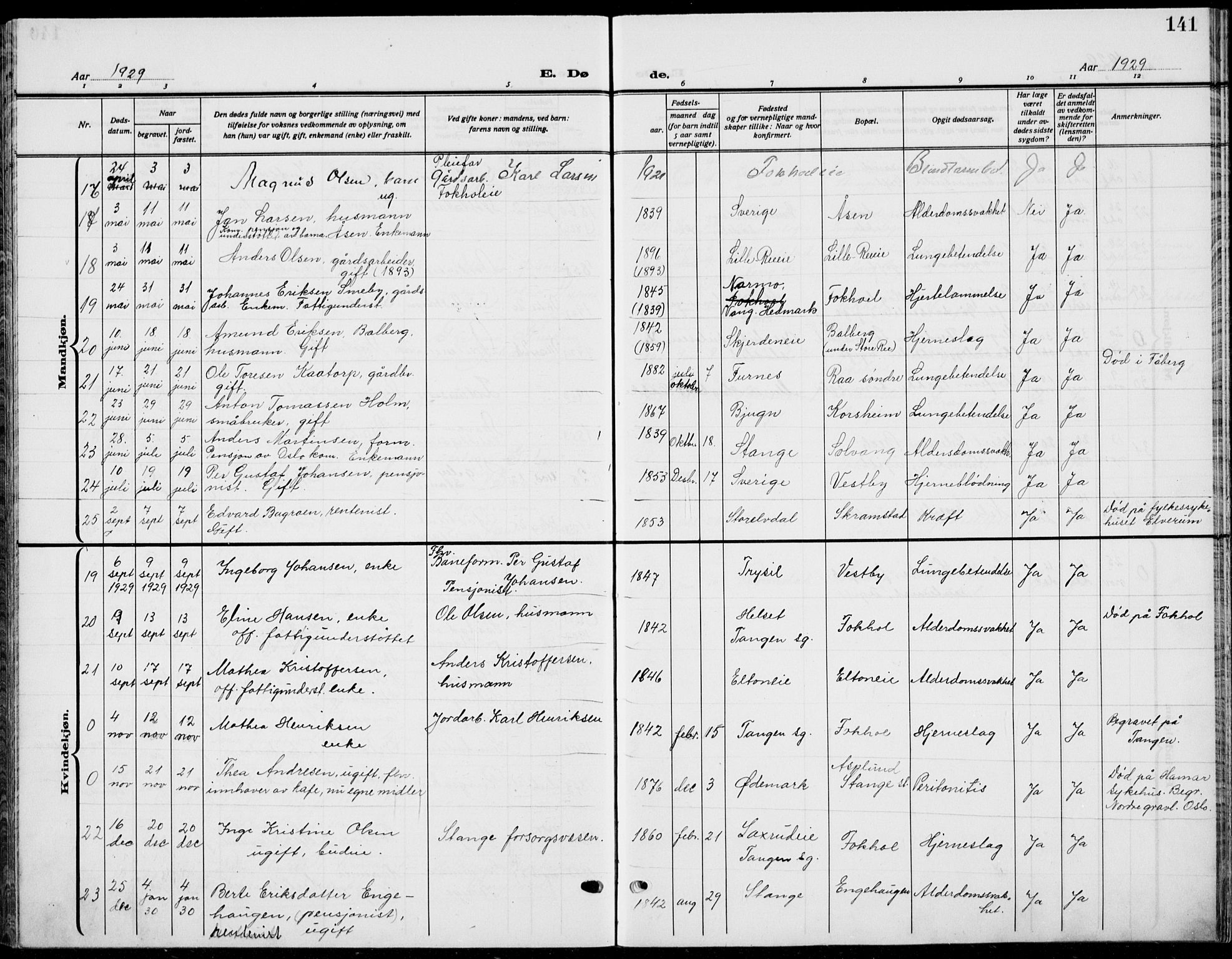 Stange prestekontor, AV/SAH-PREST-002/L/L0018: Klokkerbok nr. 18, 1929-1937, s. 141