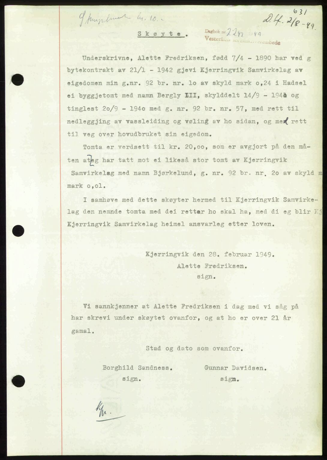 Vesterålen sorenskriveri, AV/SAT-A-4180/1/2/2Ca: Pantebok nr. A25, 1949-1949, Dagboknr: 2242/1949