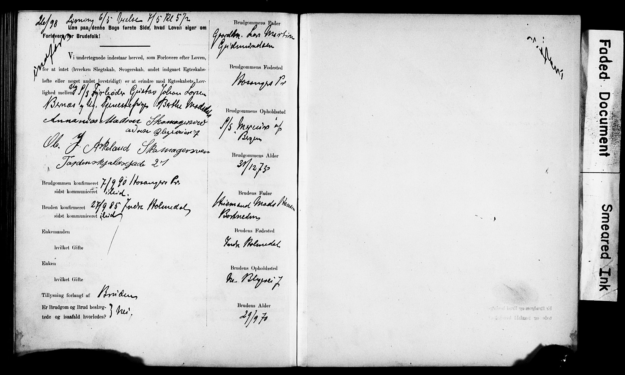 Korskirken sokneprestembete, SAB/A-76101: Forlovererklæringer nr. II.5.6, 1889-1898