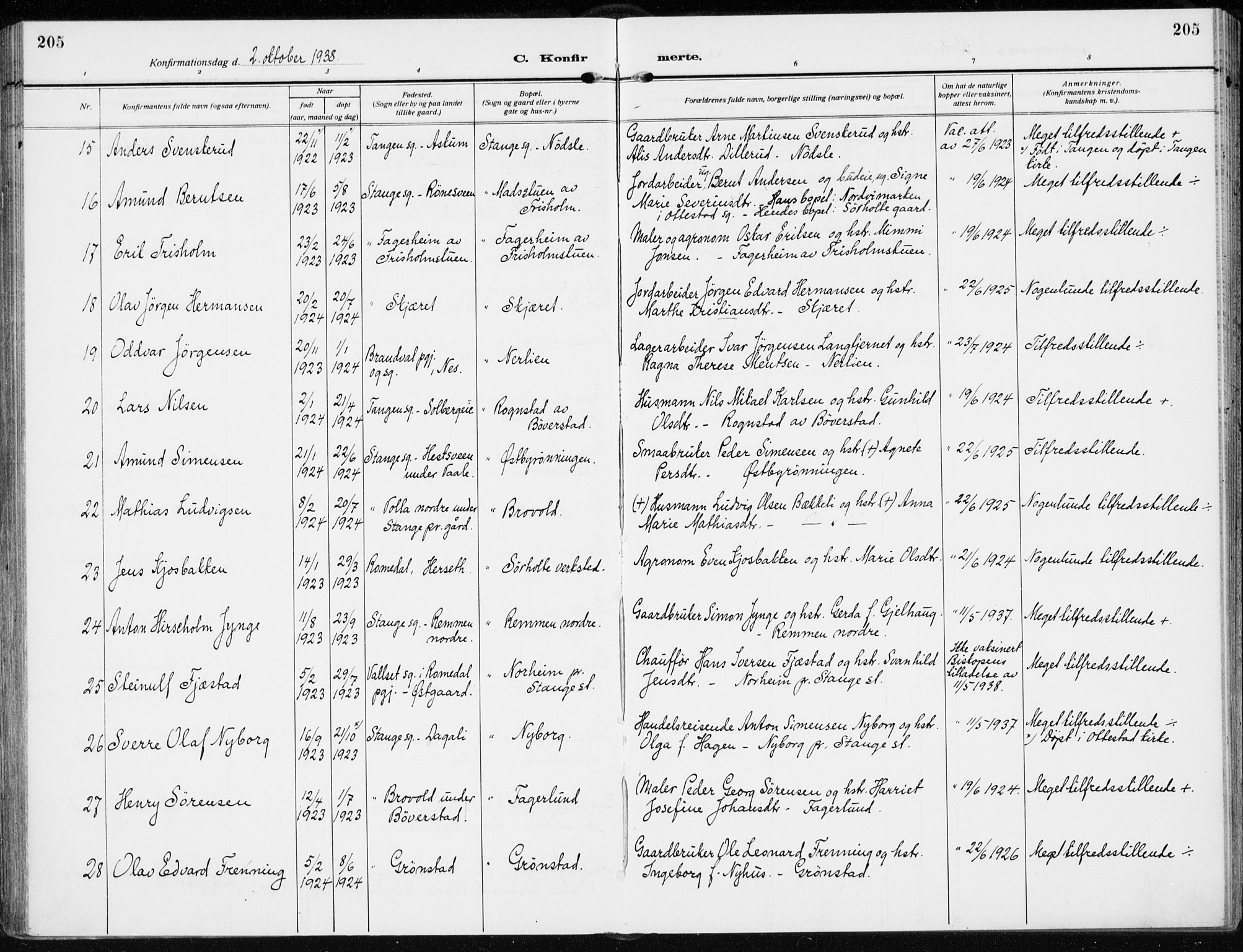 Stange prestekontor, AV/SAH-PREST-002/K/L0026: Ministerialbok nr. 26, 1923-1937, s. 205