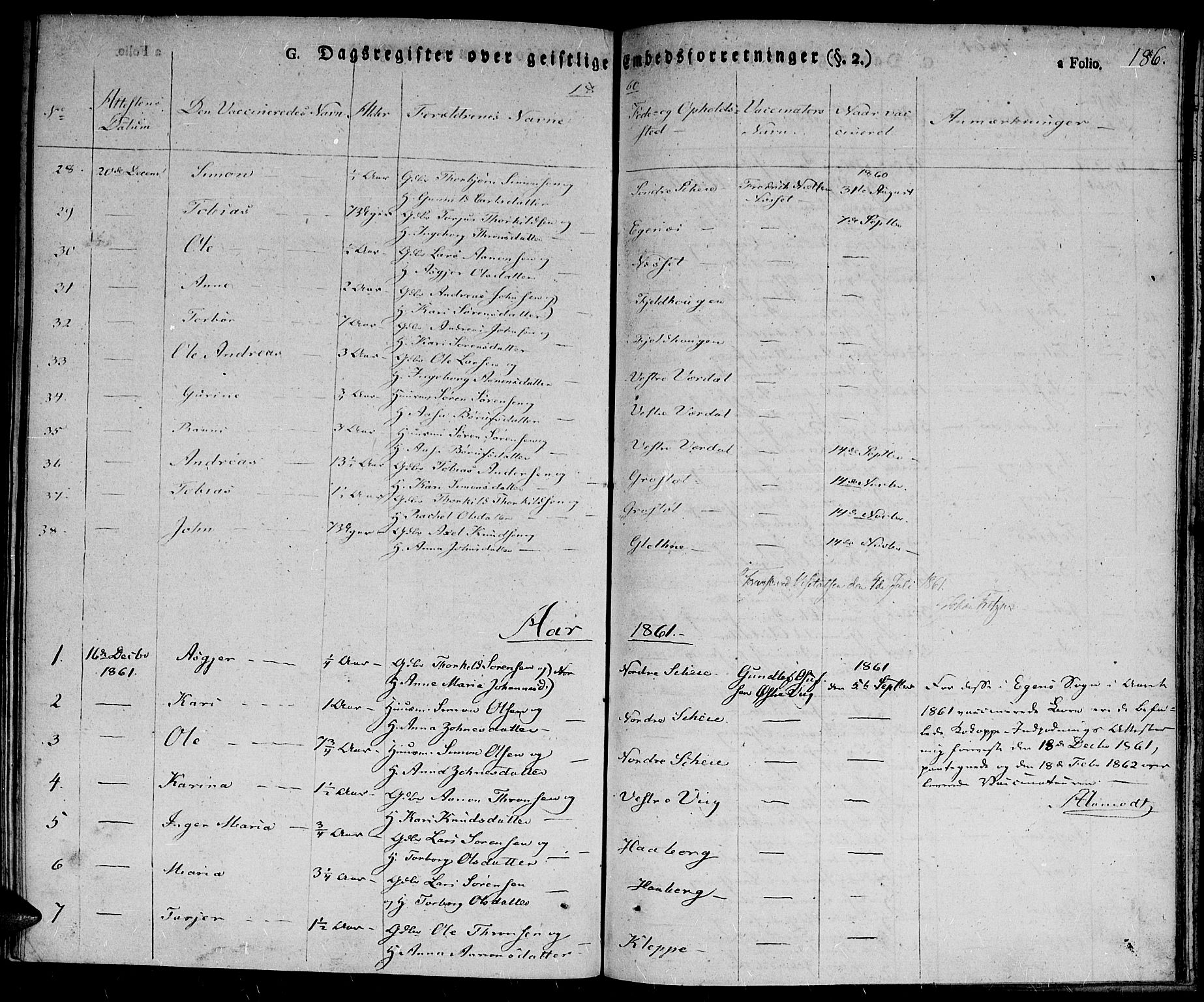 Hægebostad sokneprestkontor, SAK/1111-0024/F/Fa/Fab/L0001: Ministerialbok nr. A 1, 1823-1867, s. 186