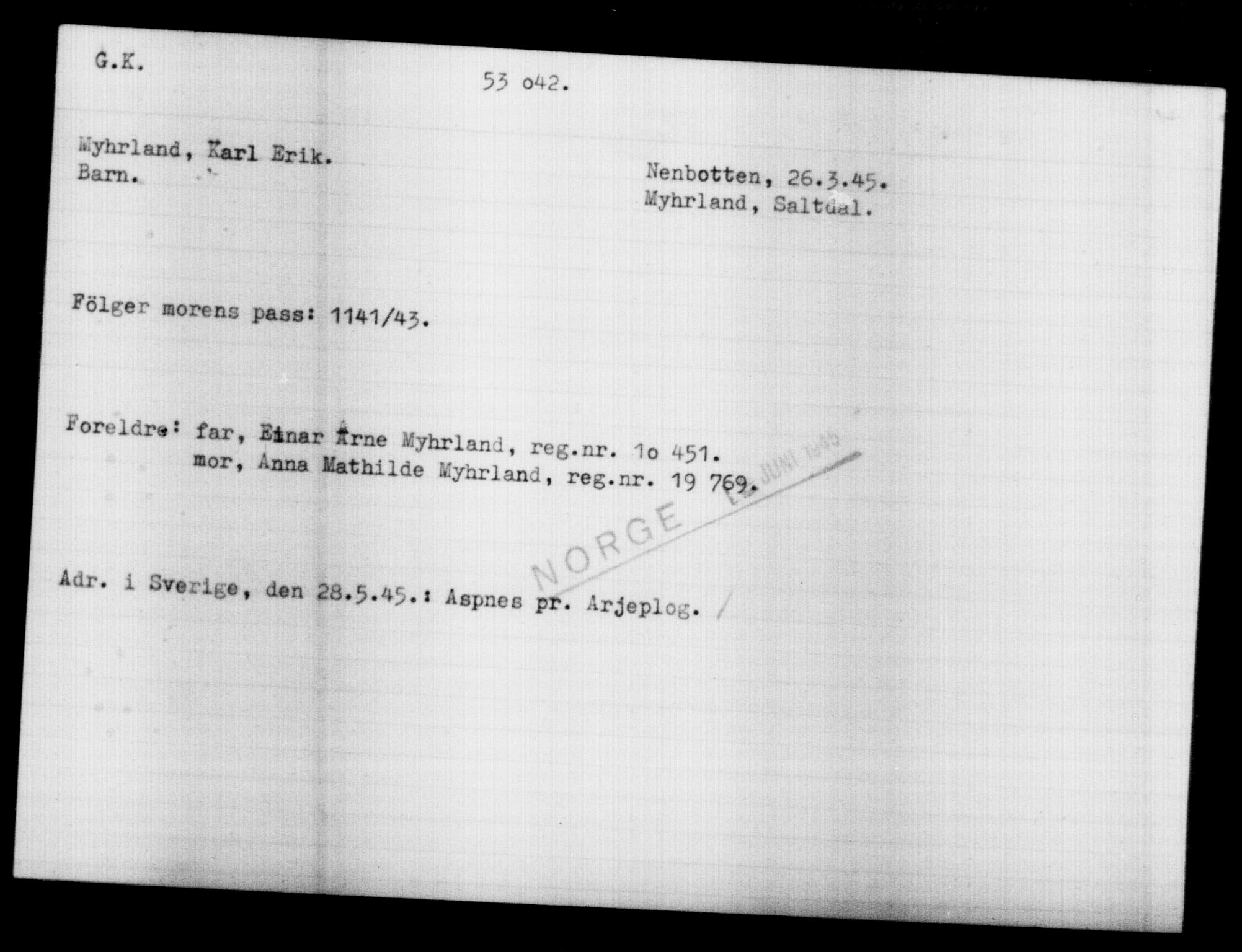 Utenriksstasjonene, Legasjonen i Stockholm, Flyktningkontoret, AV/RA-S-6753/V/Va/L0019: Kjesäterkartoteket, flyktninger med registreringsnr. 49600-55060, 1940-1945, s. 2506
