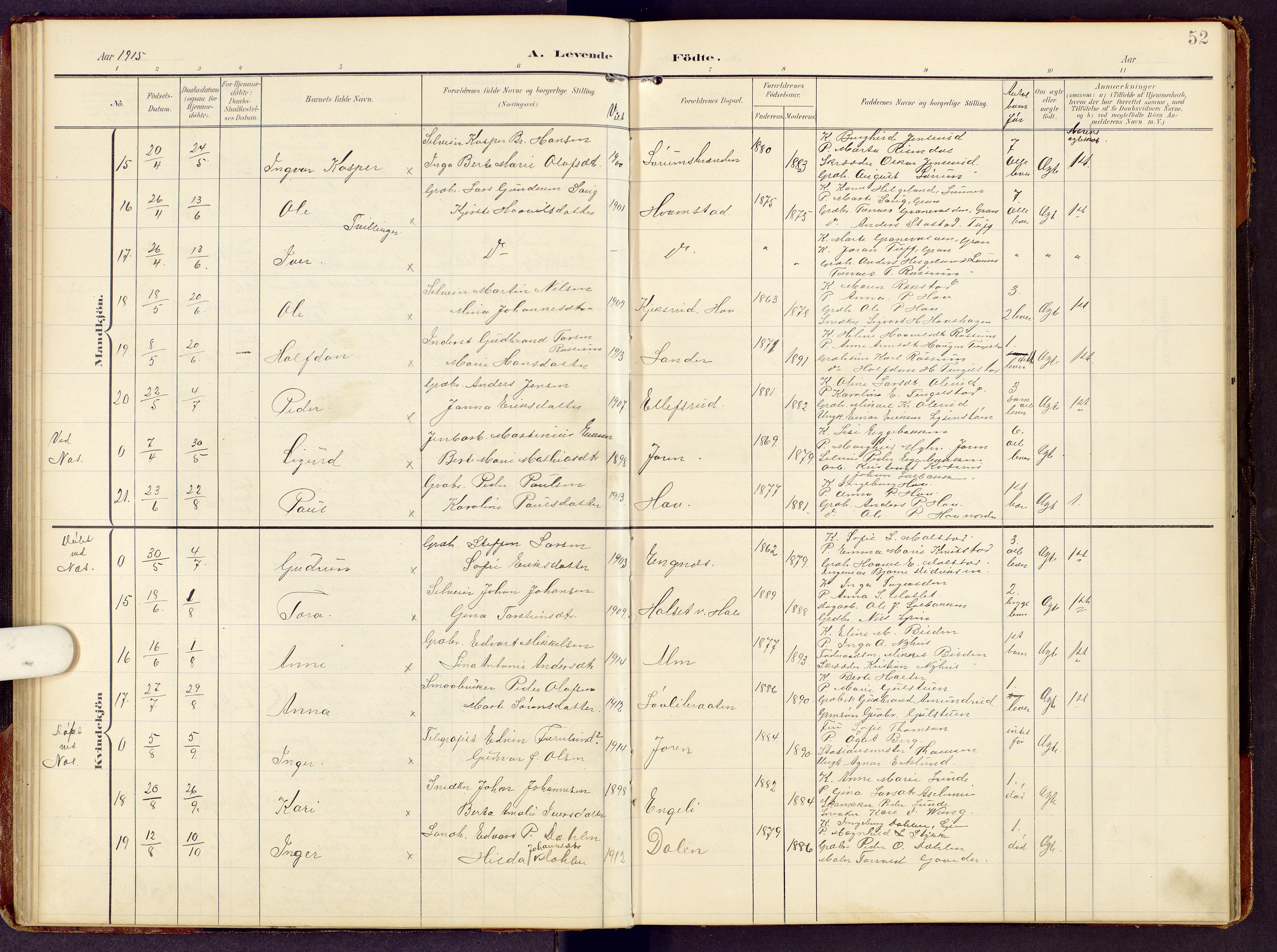 Brandbu prestekontor, AV/SAH-PREST-114/H/Ha/Hab/L0009: Klokkerbok nr. 9, 1903-1916, s. 52