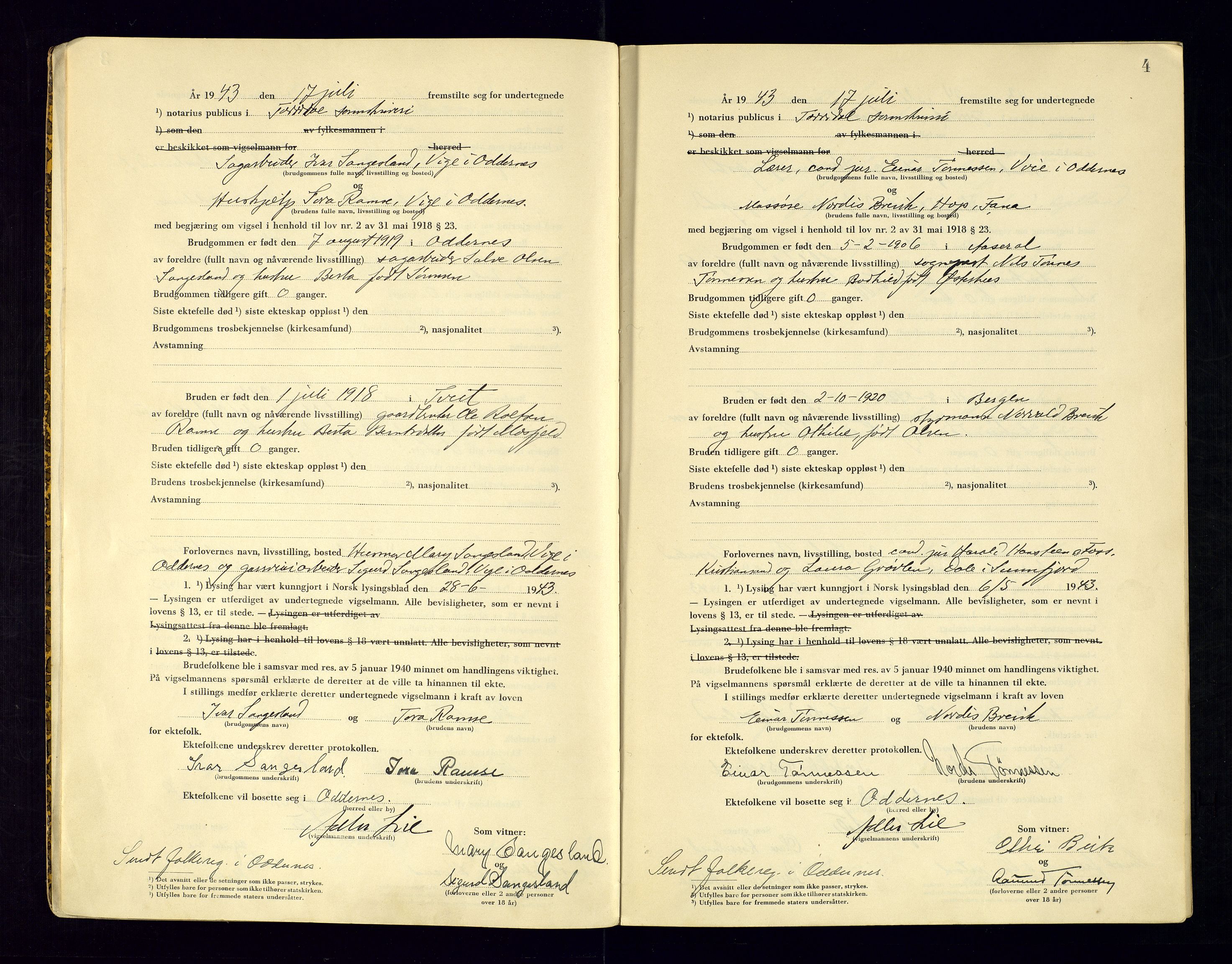 Torridal sorenskriveri, AV/SAK-1221-0012/L/Ld/L0004: Vigselbok nr. 2, 1943-1946, s. 4