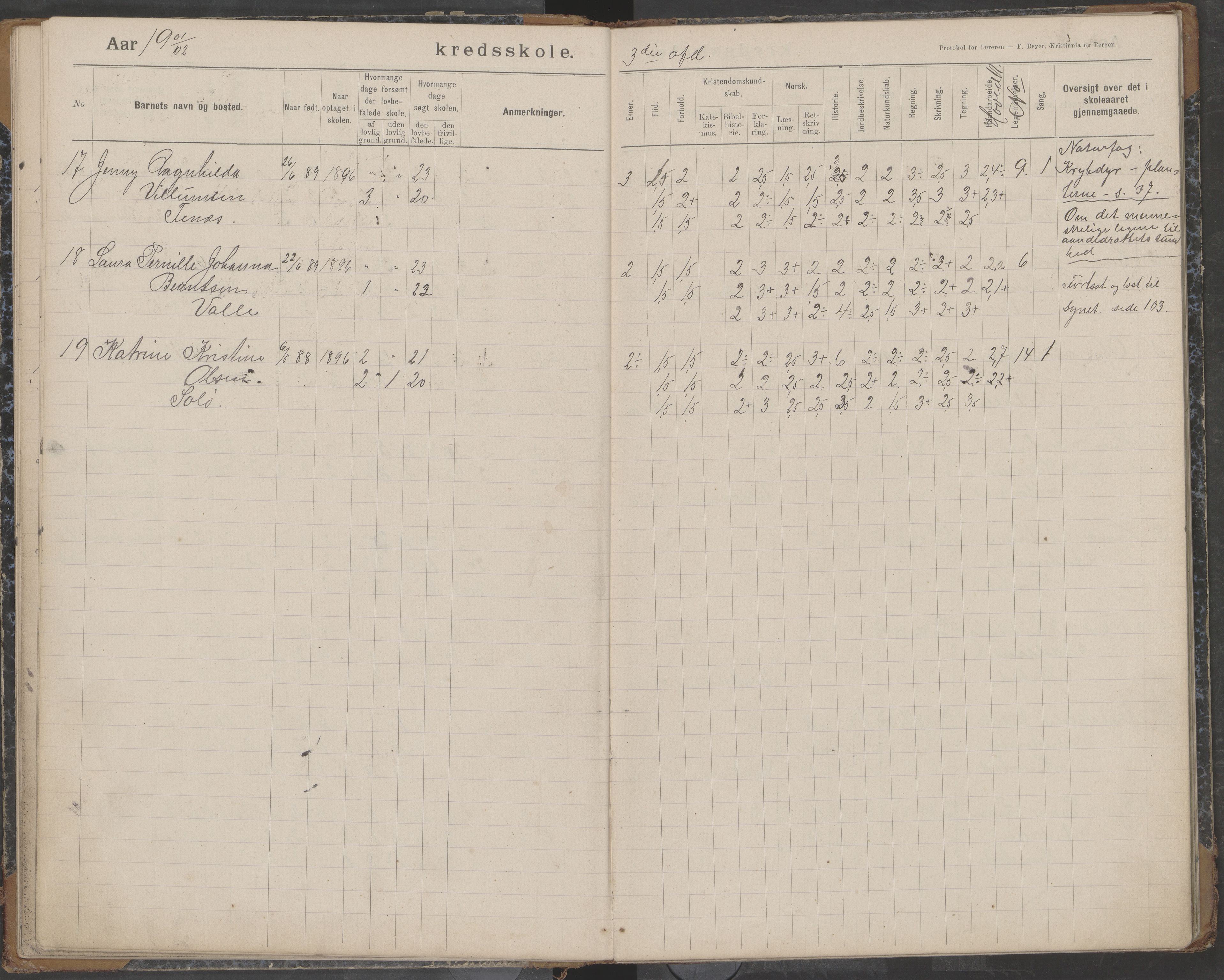 Bodin kommune. Støver skolekrets, AIN/K-18431.510.07/F/Fa/L0003: Skoleprotokoll, 1900-1909