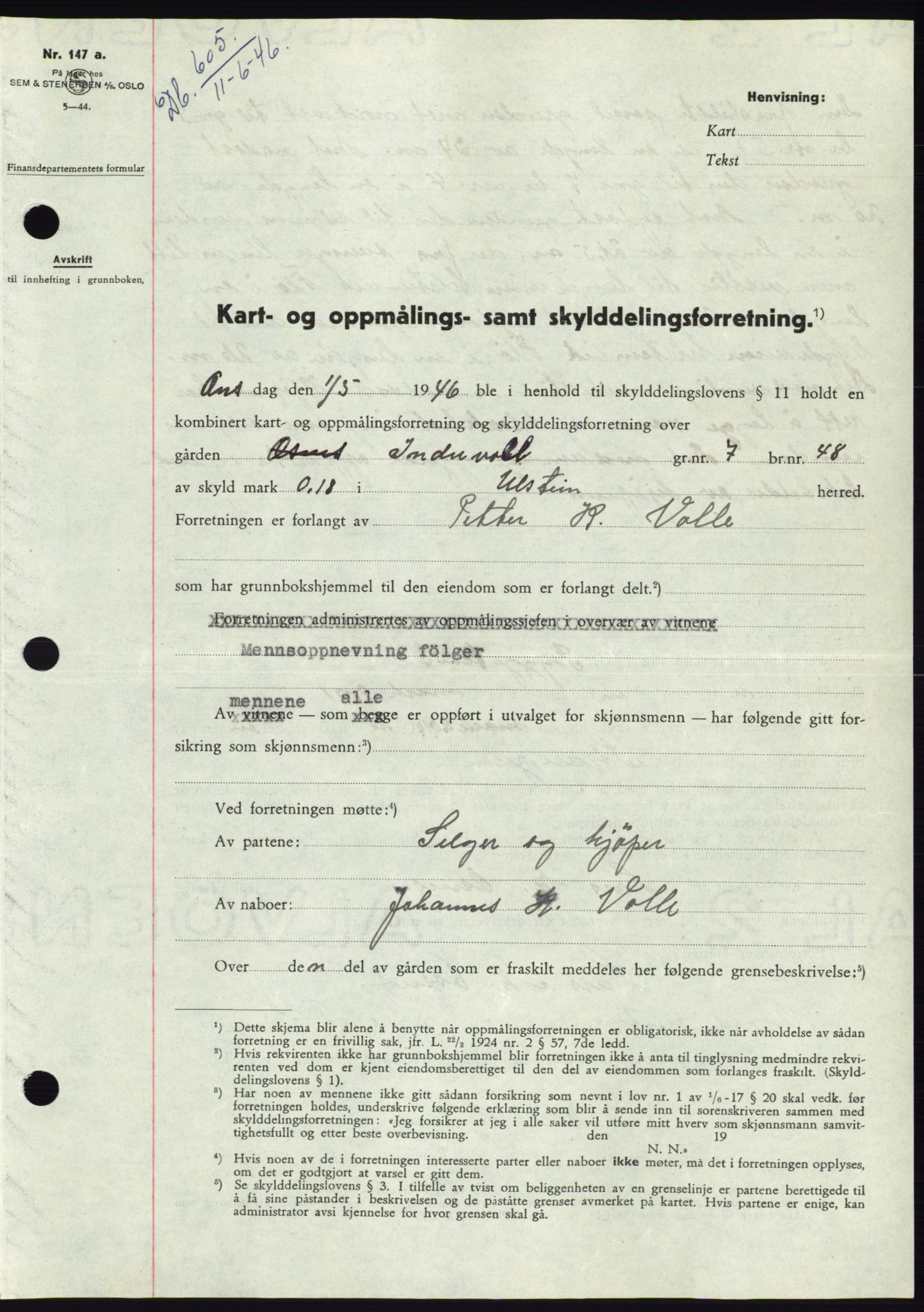 Søre Sunnmøre sorenskriveri, SAT/A-4122/1/2/2C/L0078: Pantebok nr. 4A, 1946-1946, Dagboknr: 605/1946