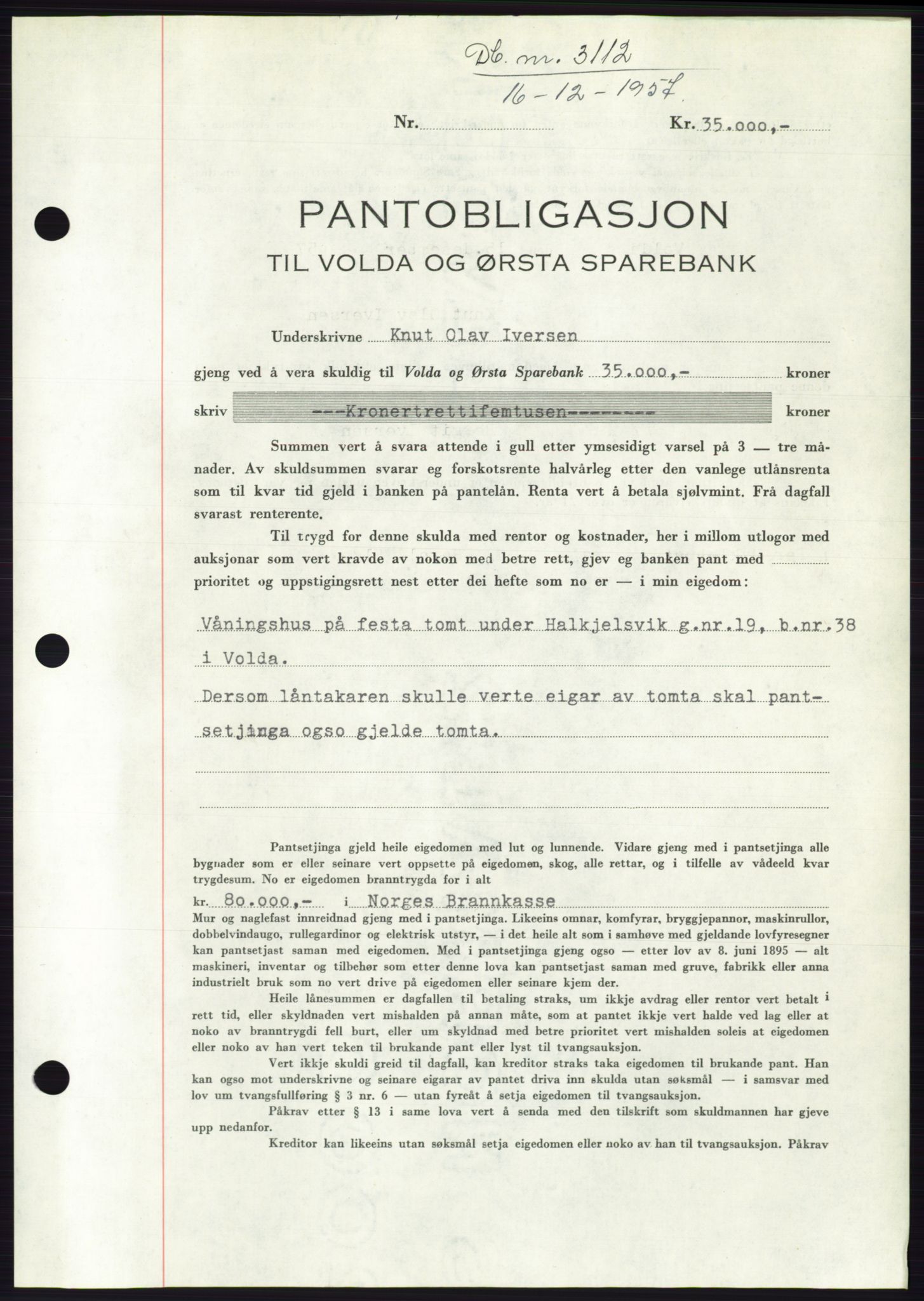 Søre Sunnmøre sorenskriveri, AV/SAT-A-4122/1/2/2C/L0130: Pantebok nr. 18B, 1957-1958, Dagboknr: 3112/1957