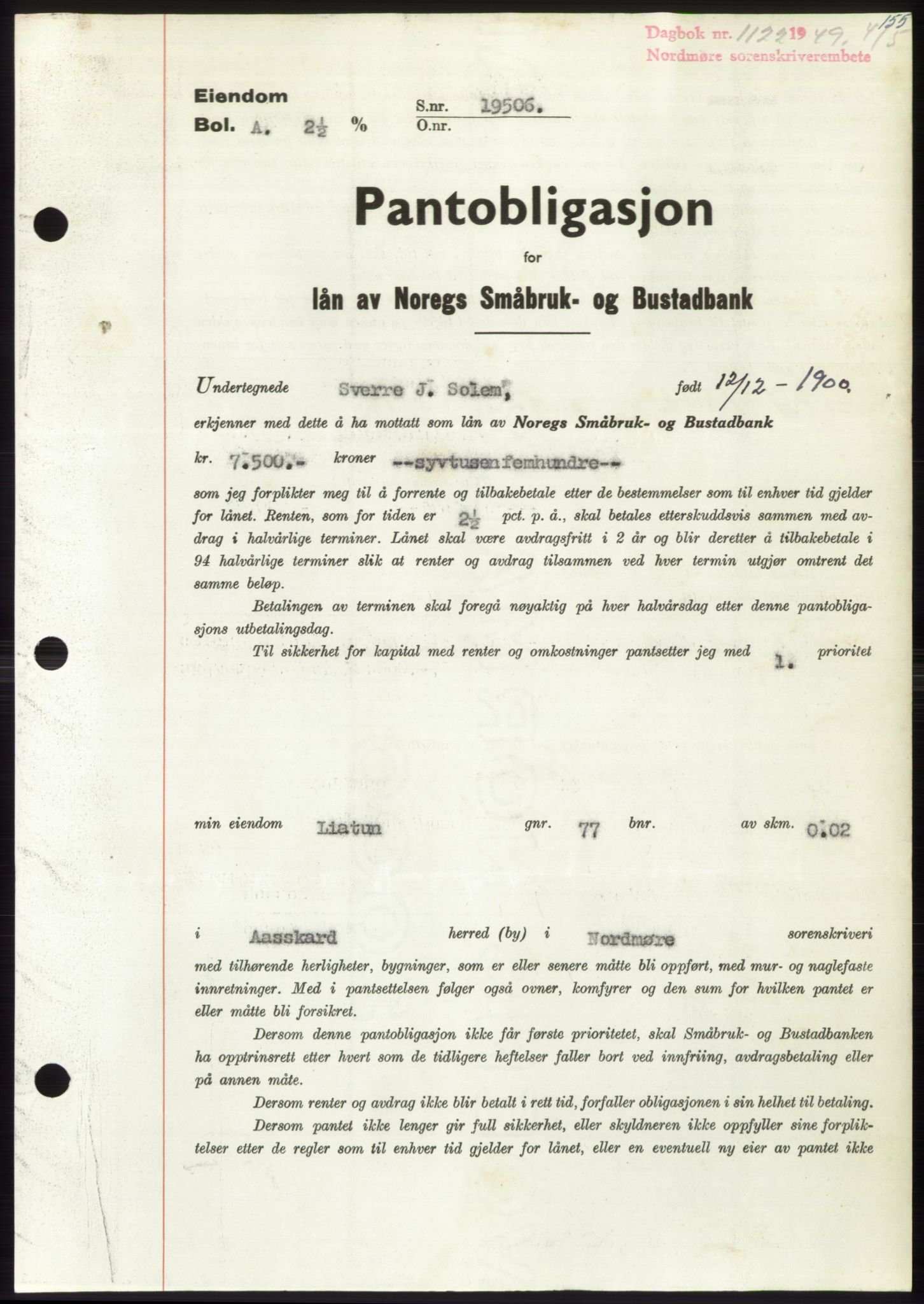 Nordmøre sorenskriveri, SAT/A-4132/1/2/2Ca: Pantebok nr. B101, 1949-1949, Dagboknr: 1122/1949