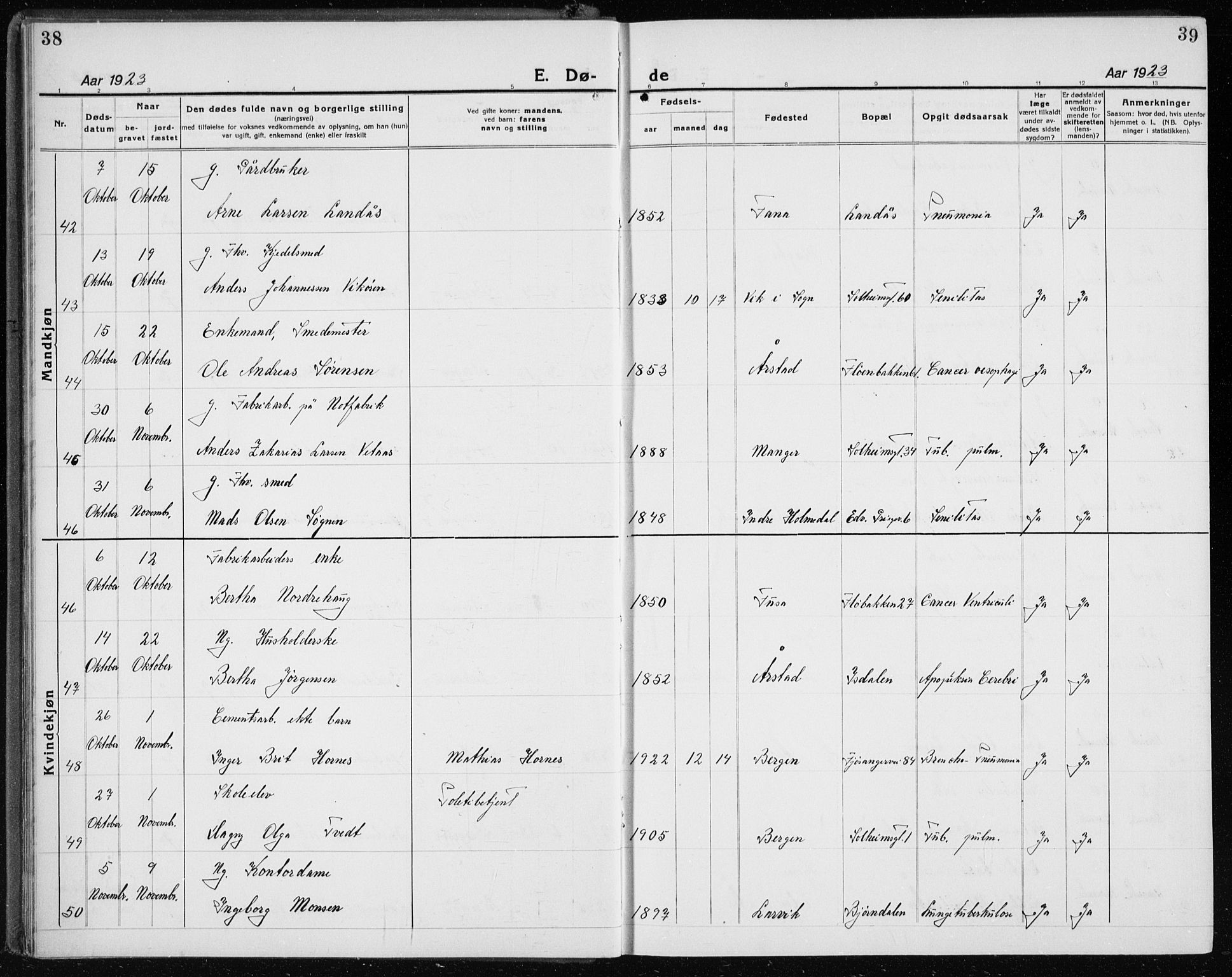 Årstad Sokneprestembete, AV/SAB-A-79301/H/Hab/L0025: Klokkerbok nr. D 2, 1922-1940, s. 38-39