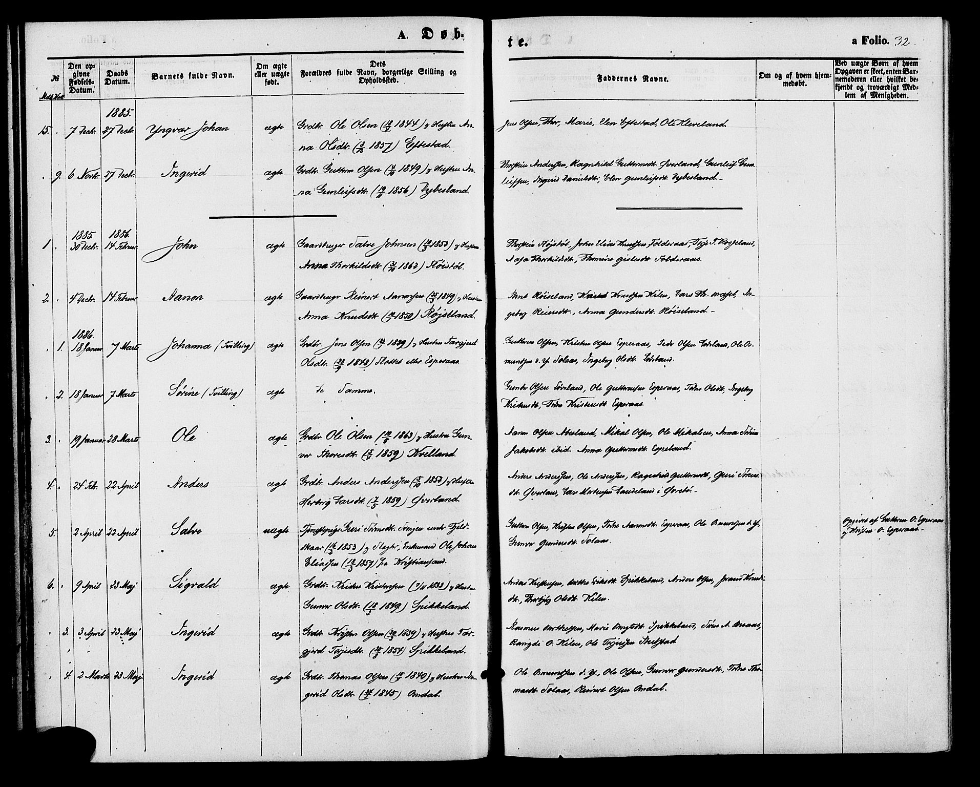 Bjelland sokneprestkontor, AV/SAK-1111-0005/F/Fa/Fab/L0003: Ministerialbok nr. A 3, 1870-1887, s. 32