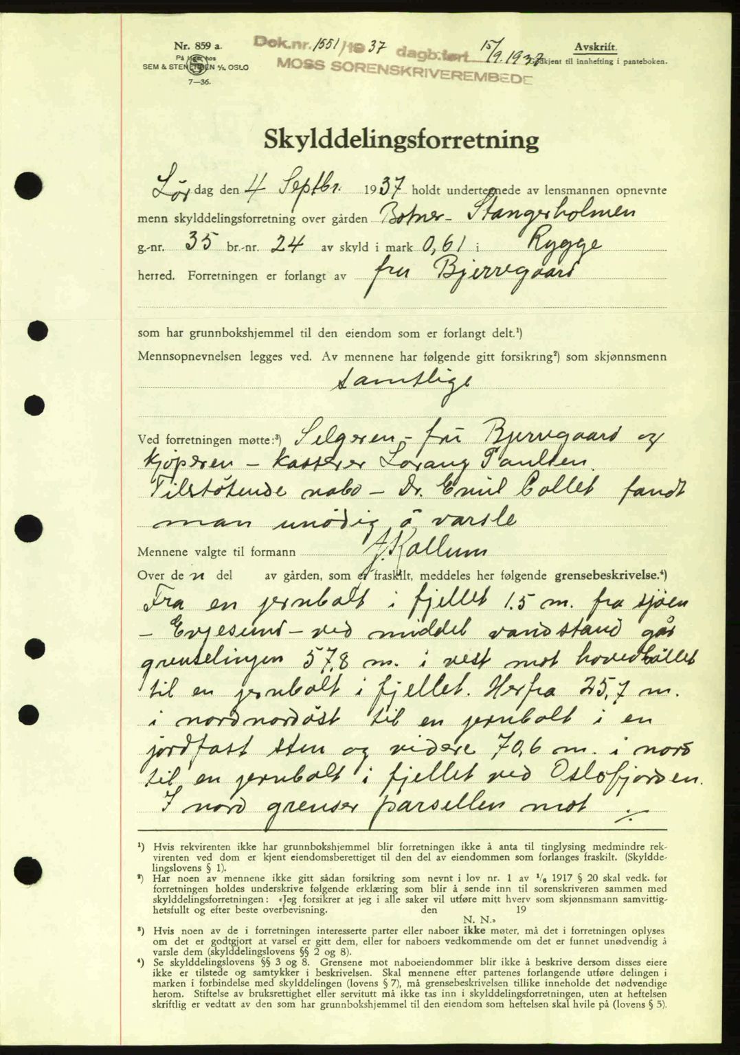 Moss sorenskriveri, SAO/A-10168: Pantebok nr. A3, 1937-1938, Dagboknr: 1551/1937