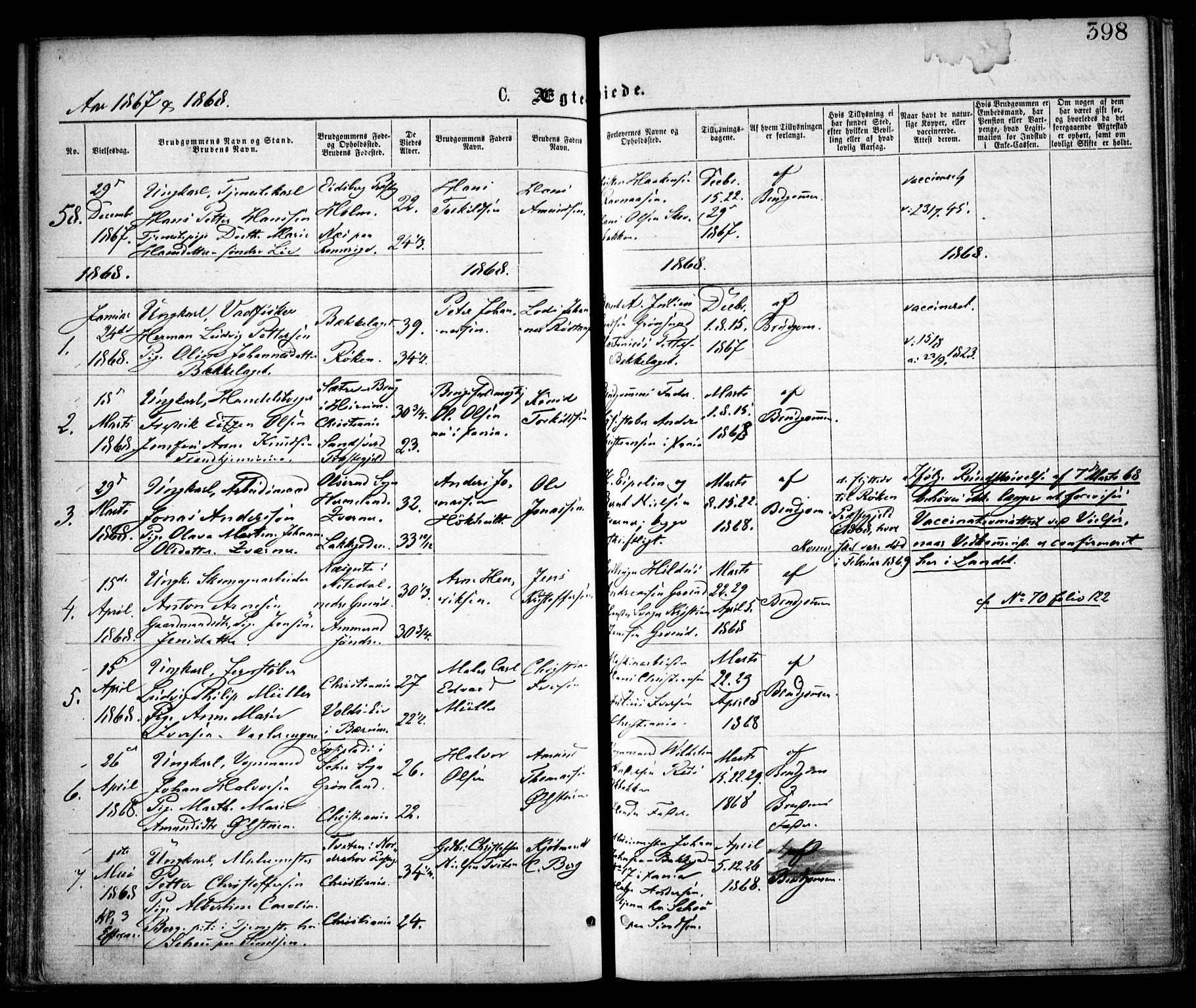 Østre Aker prestekontor Kirkebøker, AV/SAO-A-10840/F/Fa/L0001: Ministerialbok nr. I 1, 1861-1869, s. 398
