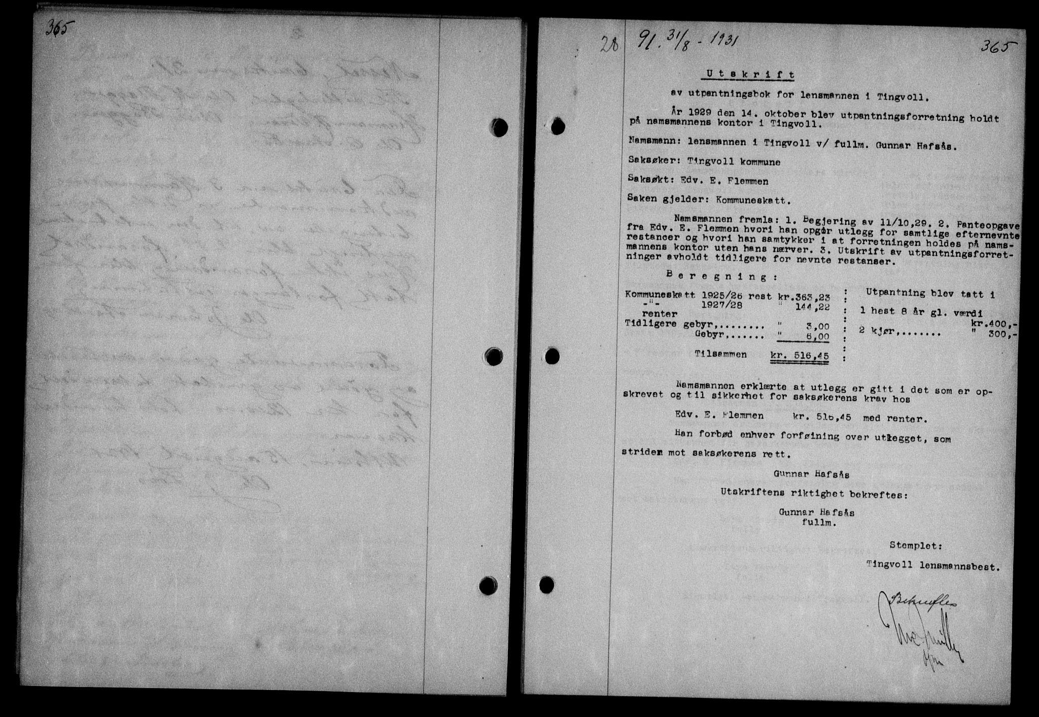 Nordmøre sorenskriveri, SAT/A-4132/1/2/2Ca/L0074: Pantebok nr. 63, 1931-1931, Tingl.dato: 31.08.1931