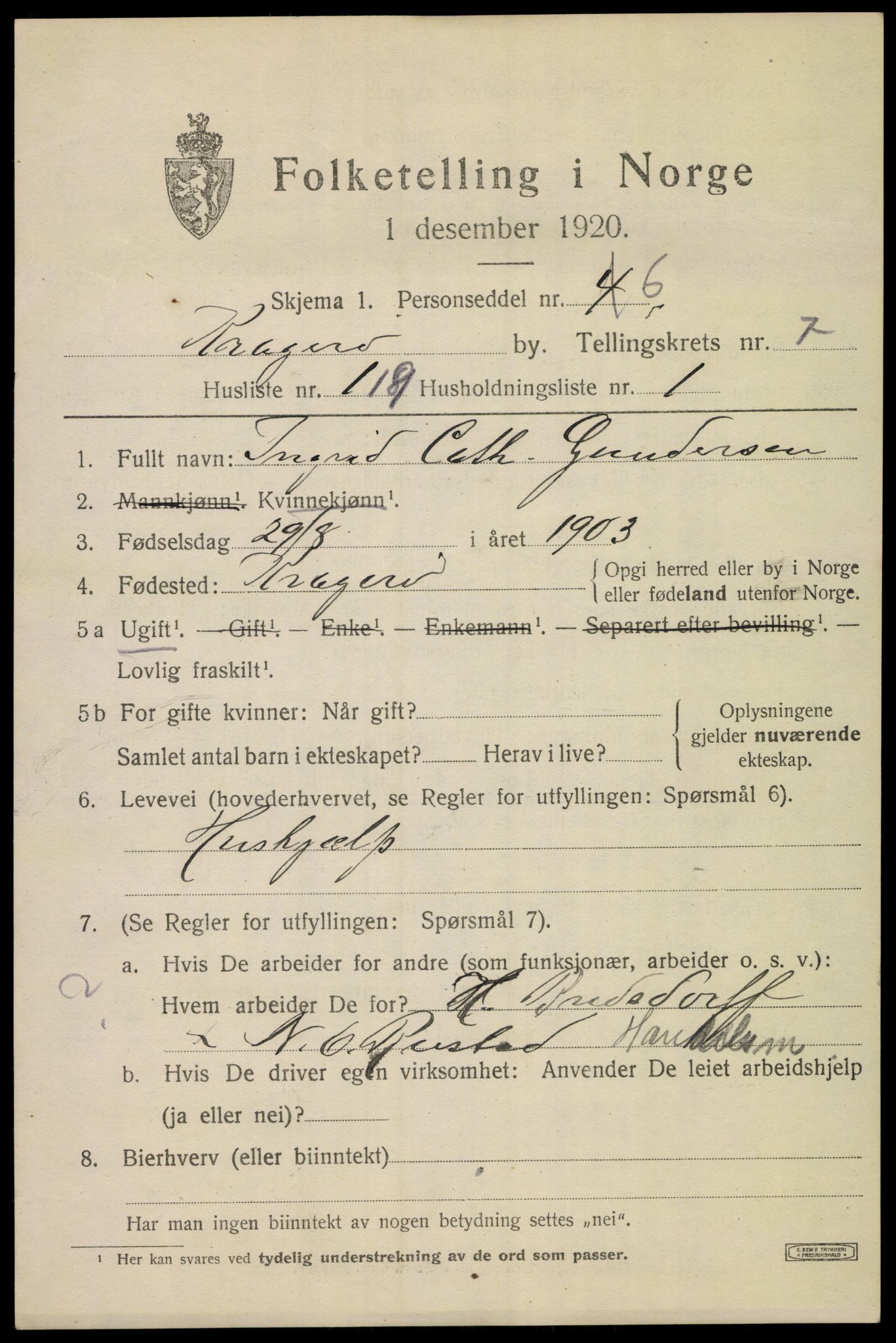 SAKO, Folketelling 1920 for 0801 Kragerø kjøpstad, 1920, s. 11069