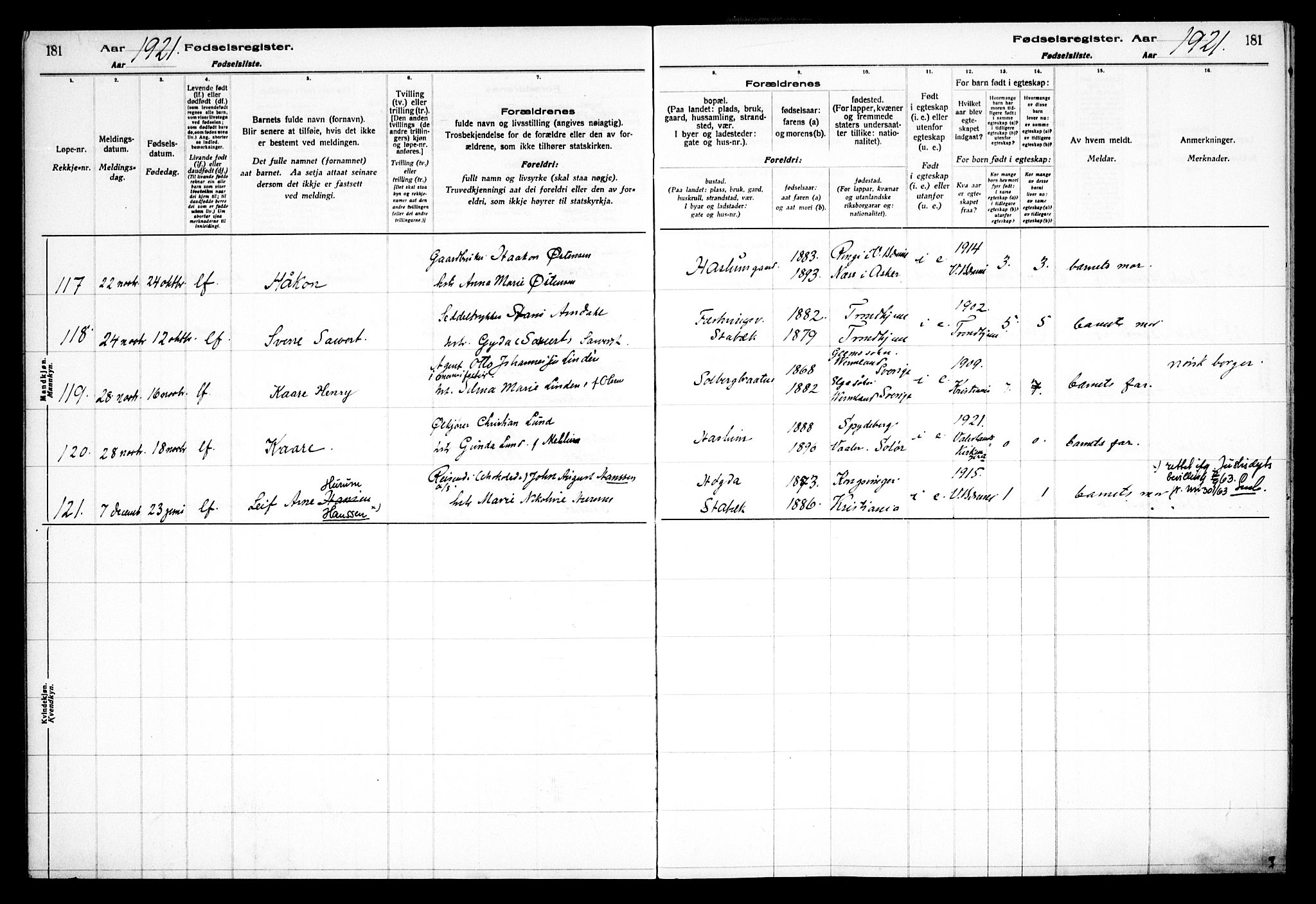 Østre Bærum prestekontor Kirkebøker, AV/SAO-A-10887/J/Ja/L0001: Fødselsregister nr. 1, 1916-1922, s. 181