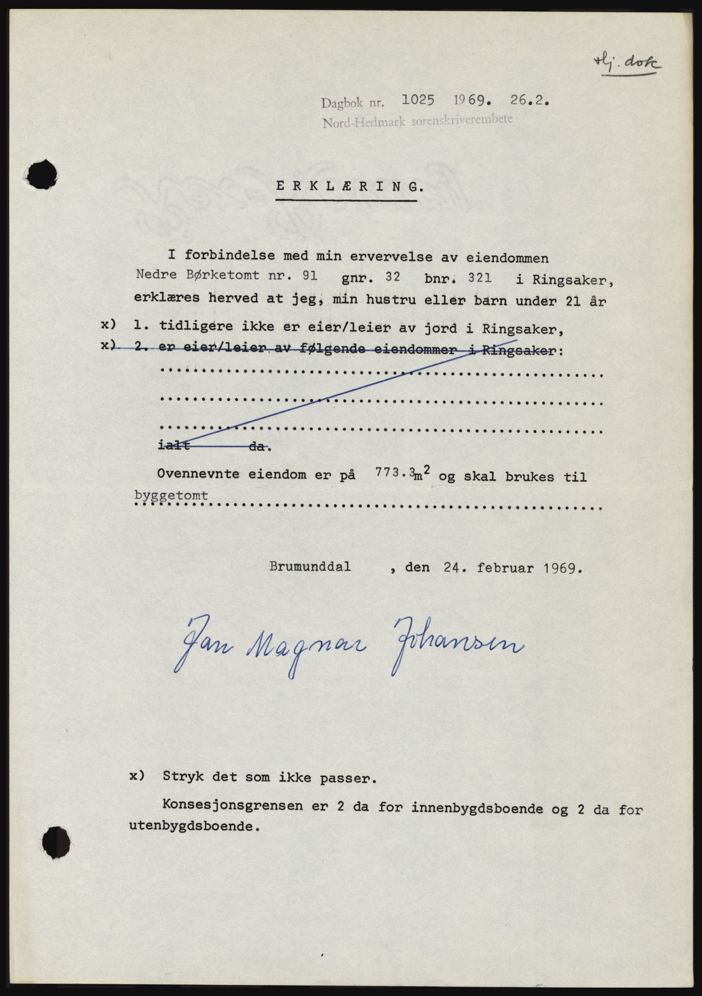 Nord-Hedmark sorenskriveri, SAH/TING-012/H/Hc/L0030: Pantebok nr. 30, 1969-1969, Dagboknr: 1025/1969