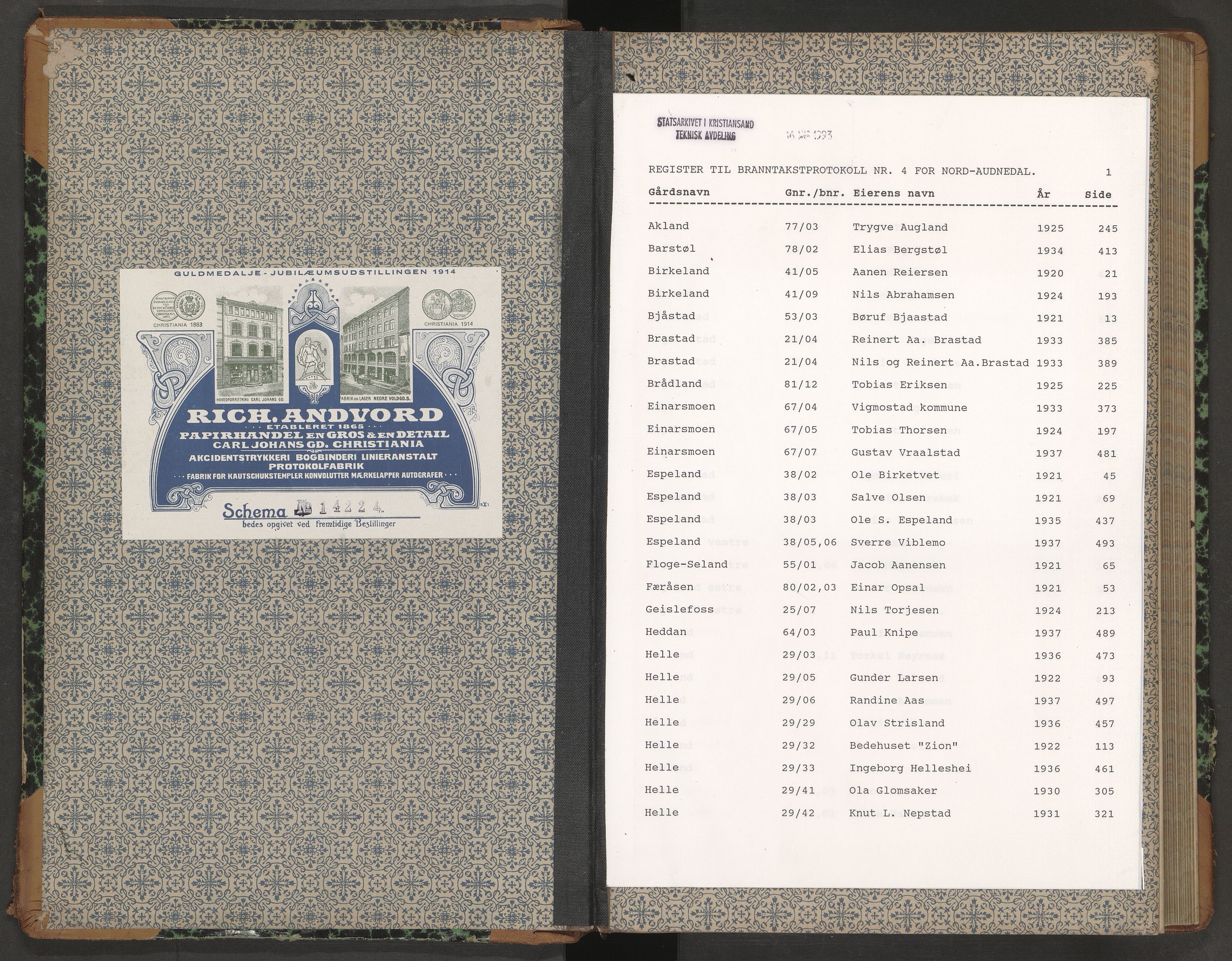 Norges Brannkasse Nord-Audnedal, AV/SAK-2241-0041/F/Fa/L0004: Branntakstprotokoll nr. 4 med gårdsnavnregister, 1920-1937