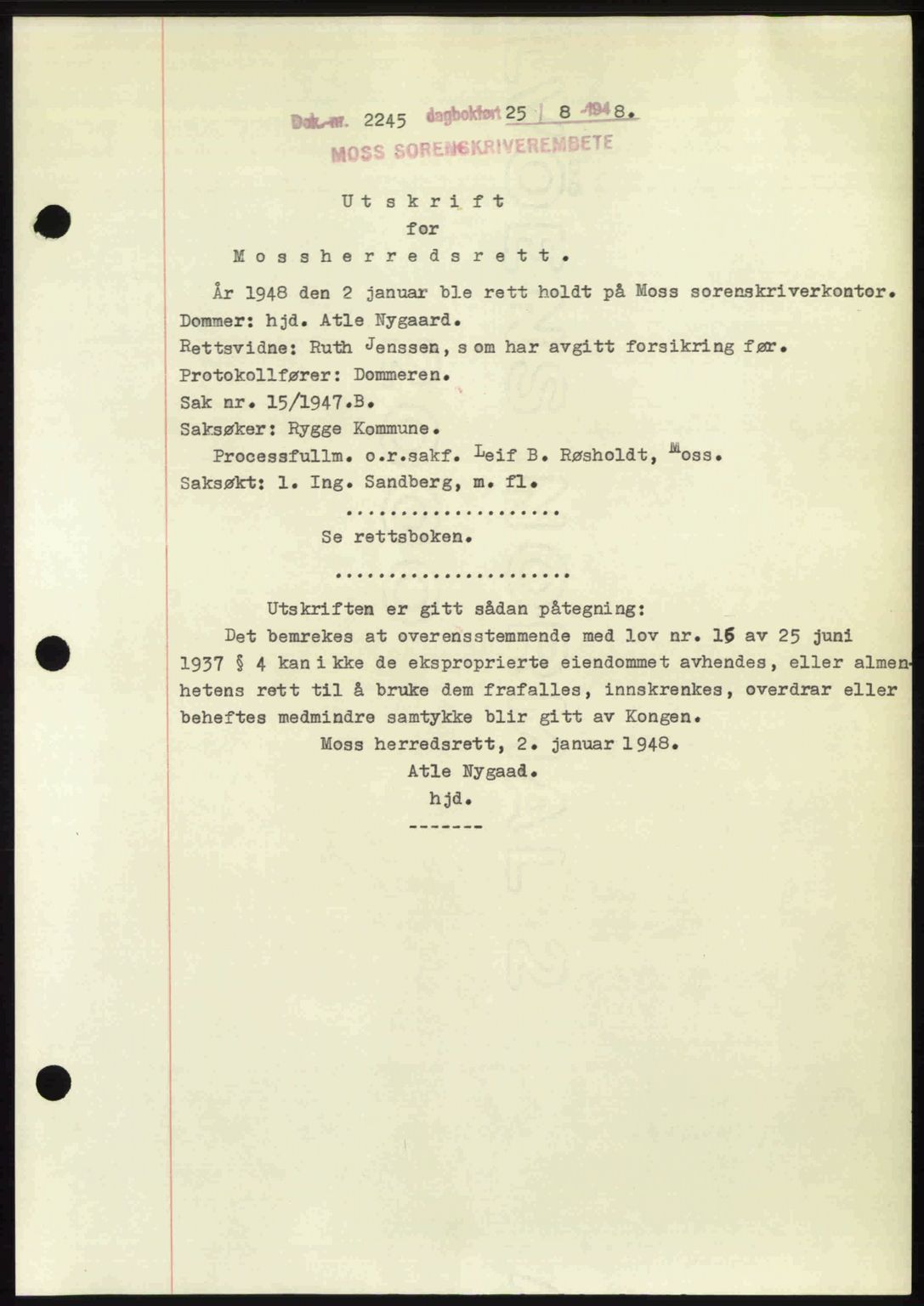 Moss sorenskriveri, SAO/A-10168: Pantebok nr. A20, 1948-1948, Dagboknr: 2245/1948