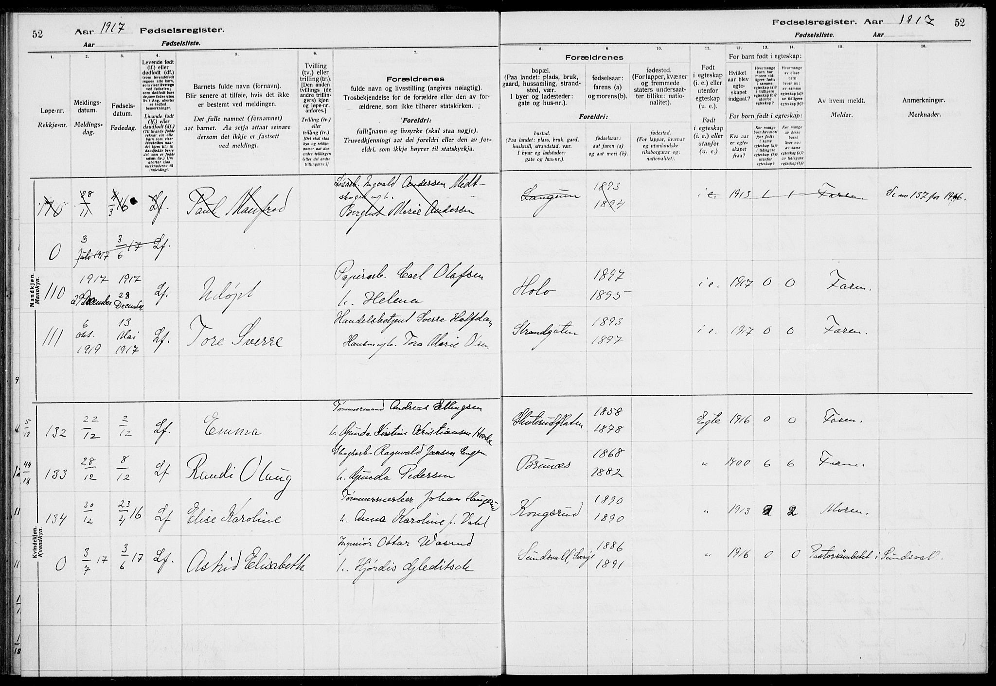 Modum kirkebøker, AV/SAKO-A-234/J/Ja/L0001: Fødselsregister nr. I 1, 1916-1923, s. 52