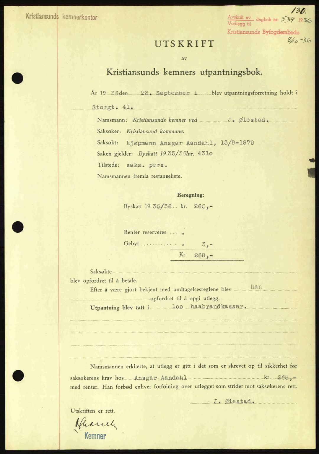 Kristiansund byfogd, SAT/A-4587/A/27: Pantebok nr. 29, 1936-1937, Dagboknr: 539/1936