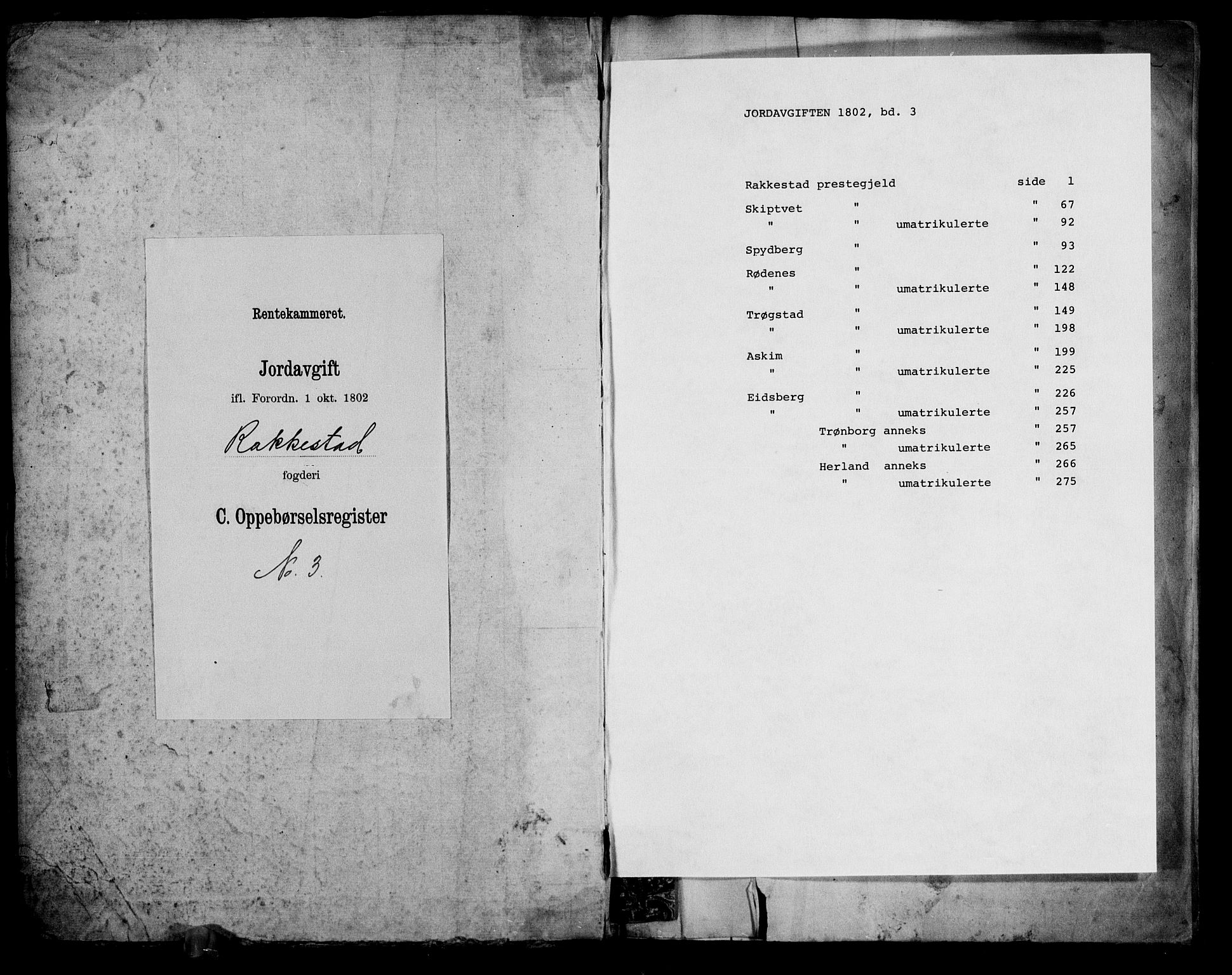 Rentekammeret inntil 1814, Realistisk ordnet avdeling, RA/EA-4070/N/Ne/Nea/L0003: Rakkestad, Heggen og Frøland fogderi. Oppebørselsregister, 1803, s. 1