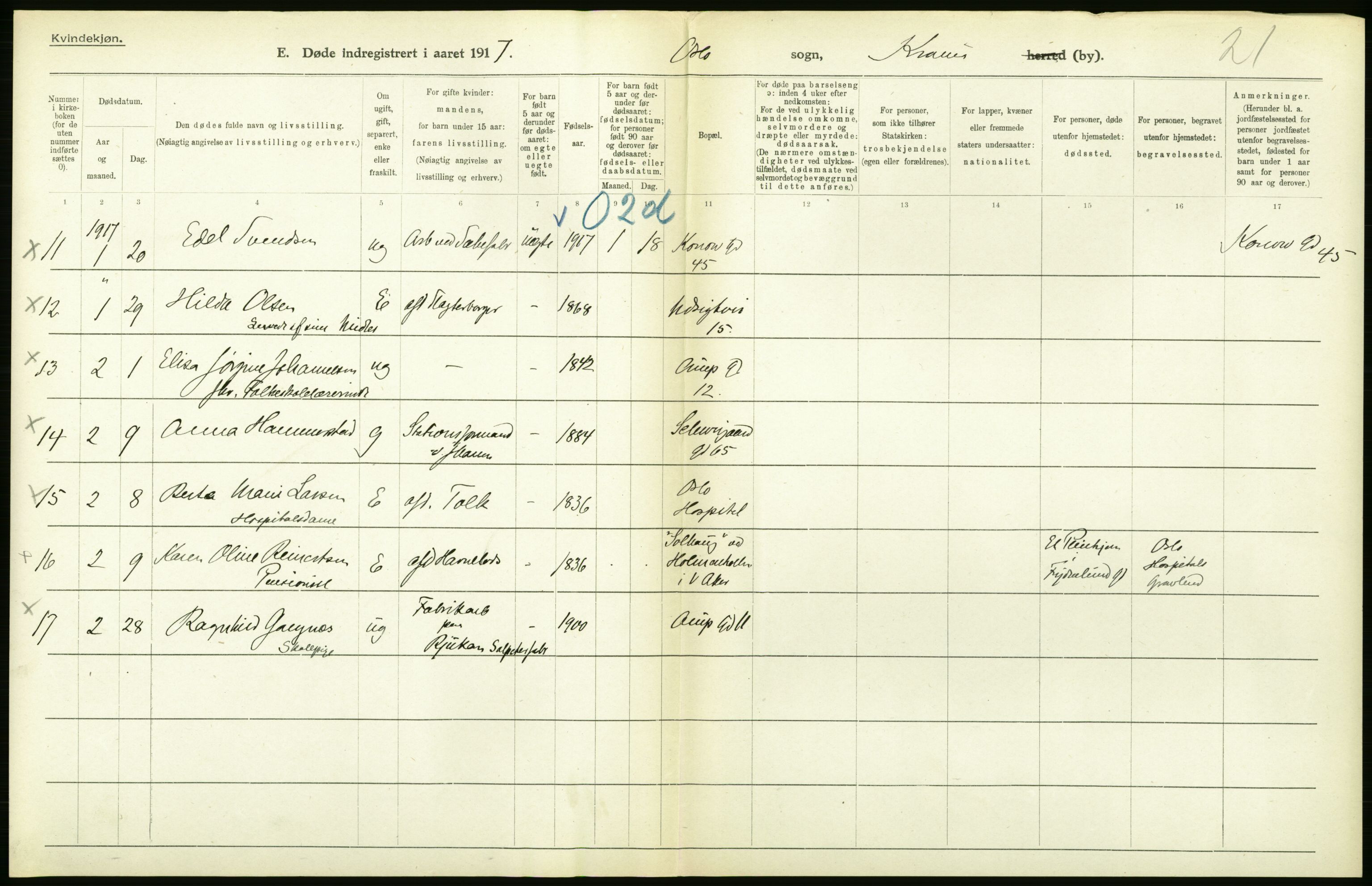 Statistisk sentralbyrå, Sosiodemografiske emner, Befolkning, AV/RA-S-2228/D/Df/Dfb/Dfbg/L0011: Kristiania: Døde, dødfødte., 1917, s. 154