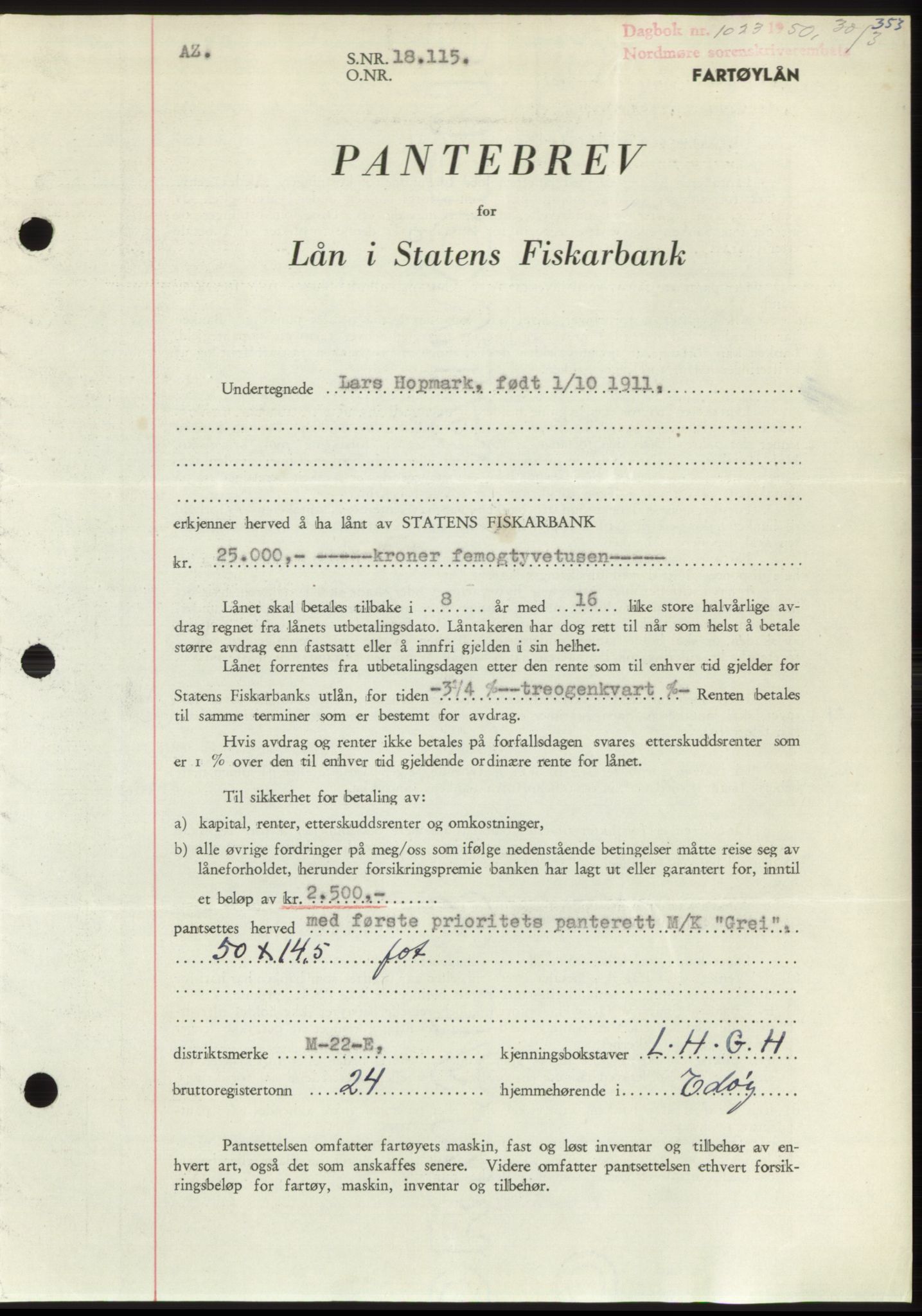 Nordmøre sorenskriveri, SAT/A-4132/1/2/2Ca: Pantebok nr. B104, 1950-1950, Dagboknr: 1023/1950