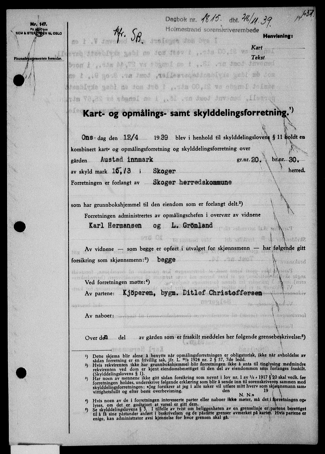Holmestrand sorenskriveri, SAKO/A-67/G/Ga/Gaa/L0051: Pantebok nr. A-51, 1939-1940, Dagboknr: 1815/1939